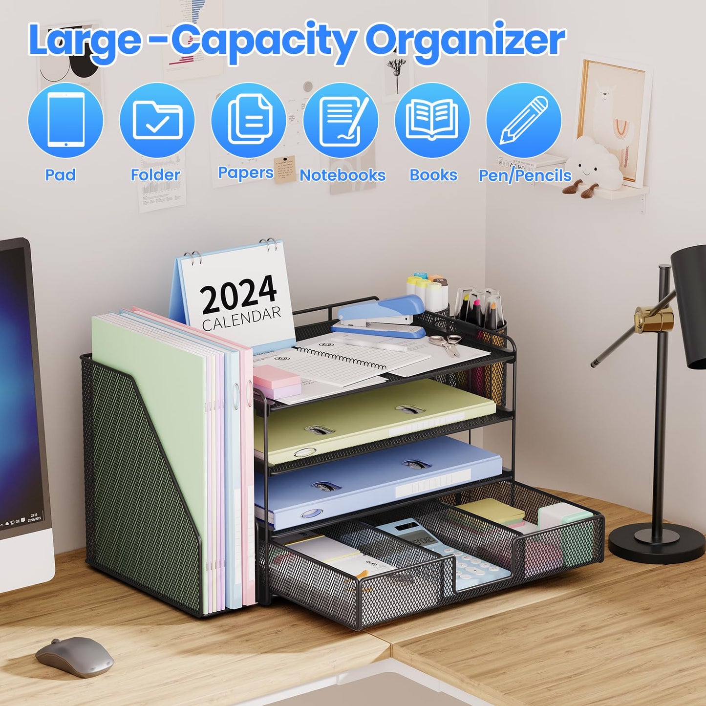 OPNICE Desk Organizers and Accessories, Desk Accessories & Workspace Organizers for Office Supplies, File Organizer Desk Drawer Organizer with 2 Pen Holders, 4 Tier Paper Organizer for Desk(Black)