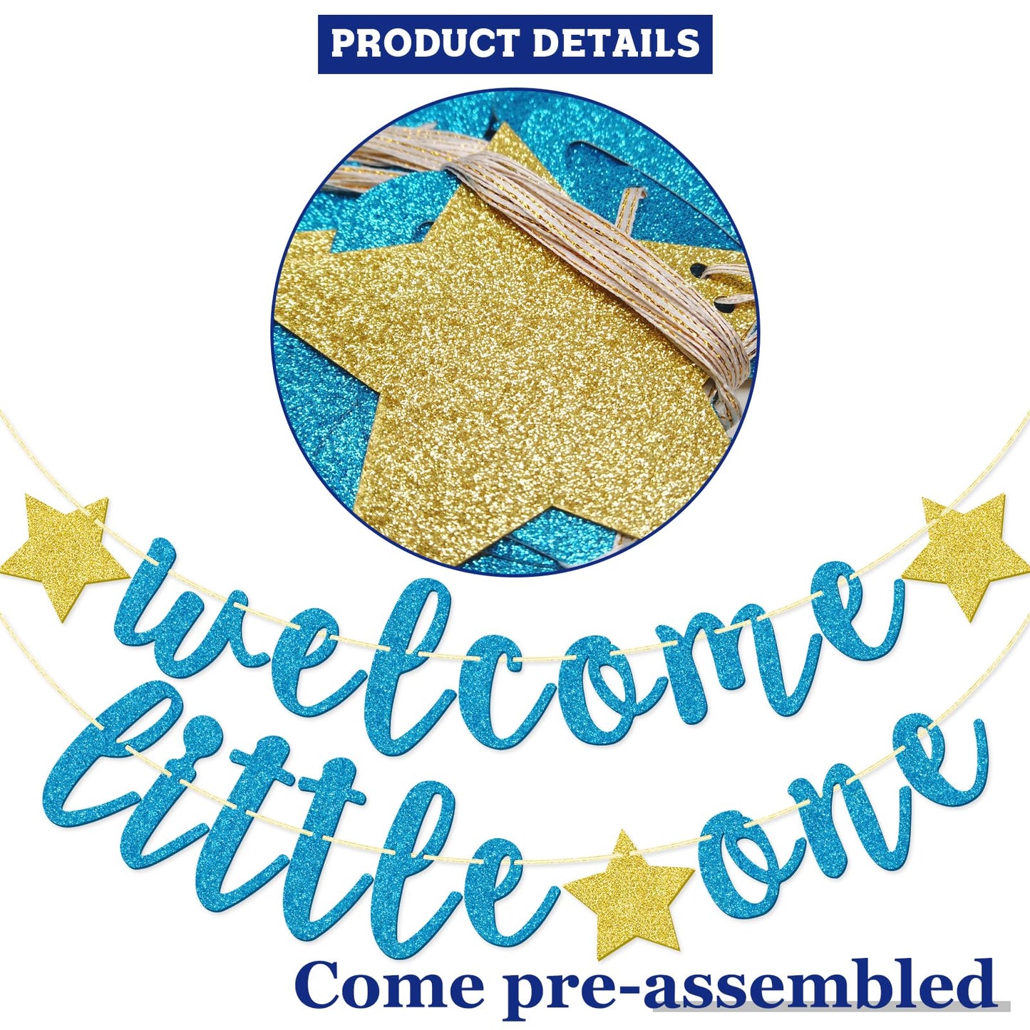 Welcome Little One Glitter Banner, Pre-strung Baby Shower Banner, Gender Reveal Party Decor (Blue)