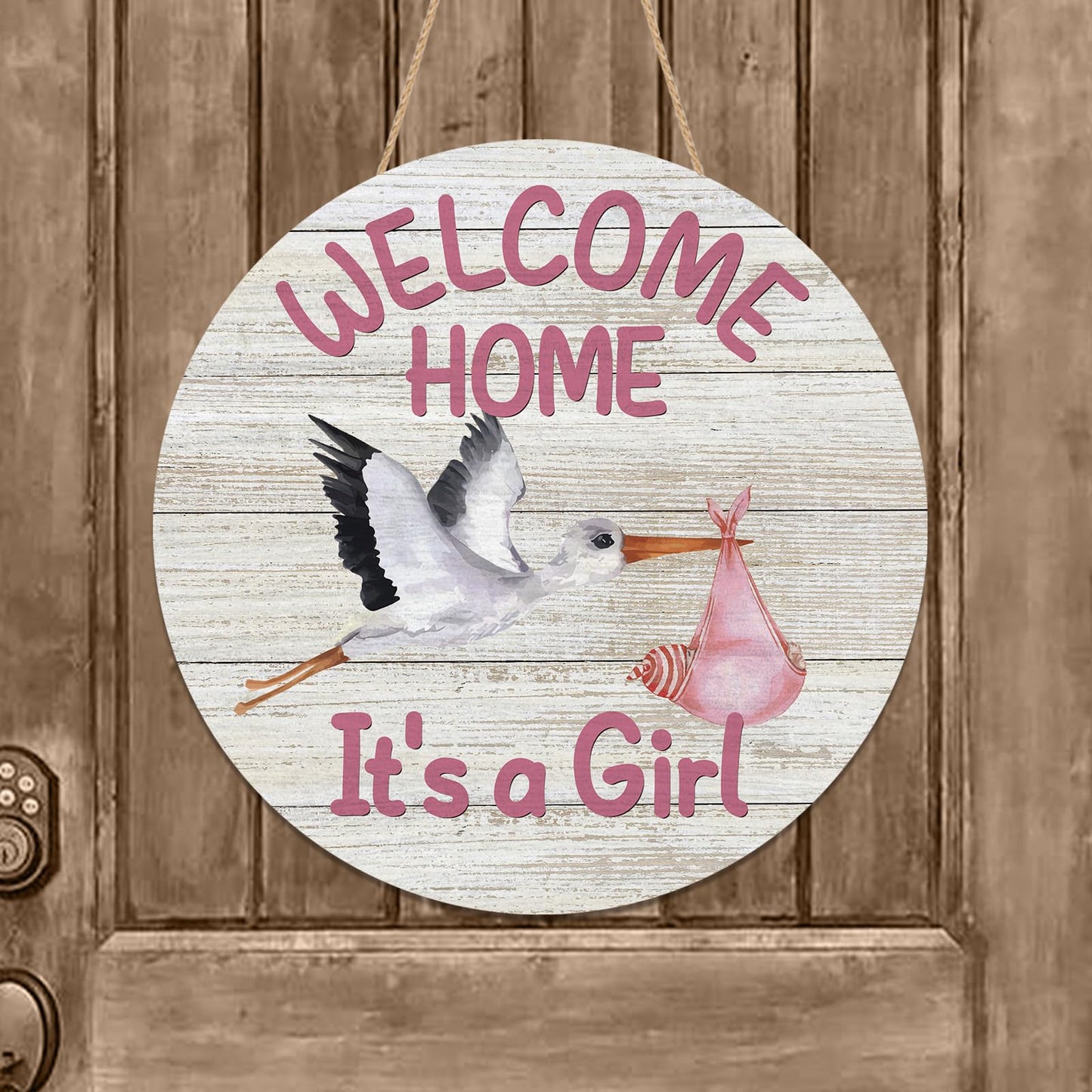 YINENA Welcome Home Baby Girl Door Sign Wood Door Hanger for Outdoor Outside Porch Farmhouse Newborn Gender Reveal Stork Wooden Indoor Wall Hanging Decoration