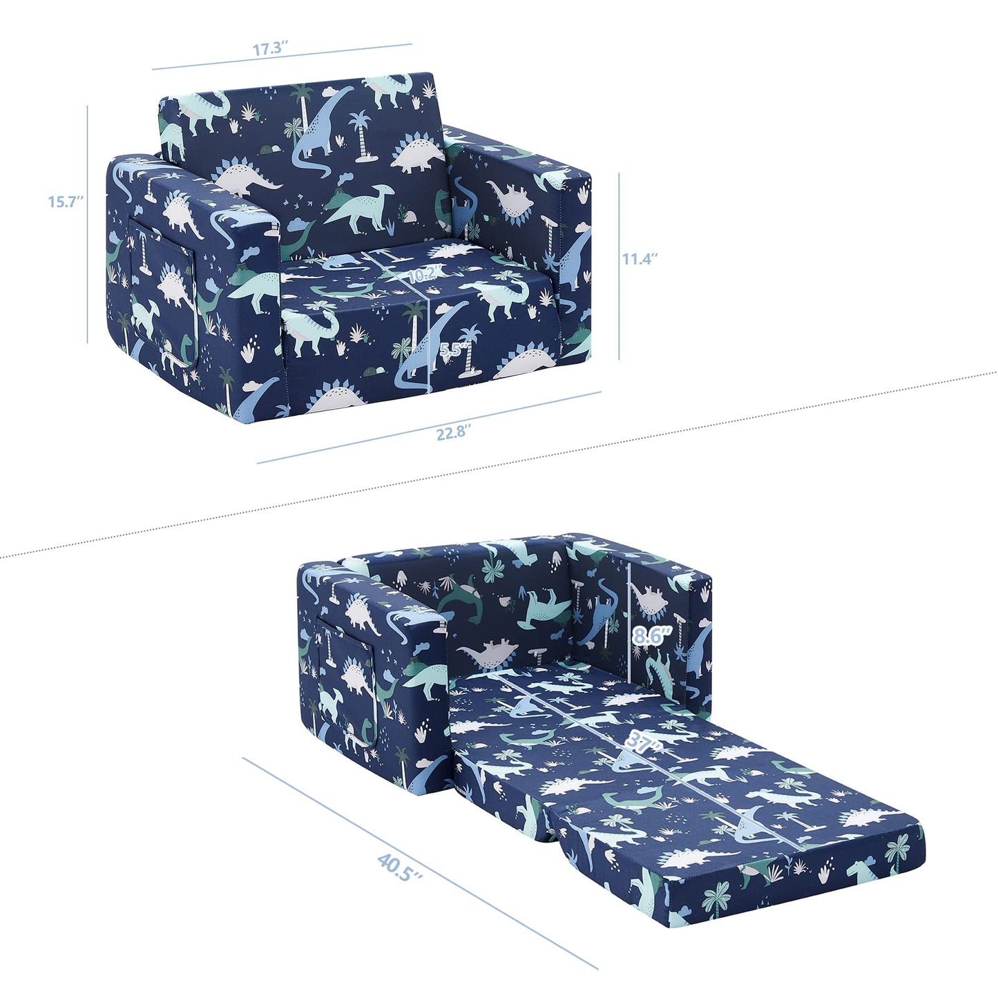 Ulax furniture Kids Sofa Chair for Reading, 2-in-1 Sofa Toddler Fold Out Couch, Convertible Sofa to Sleeper Couch (Navy Dinosaur)