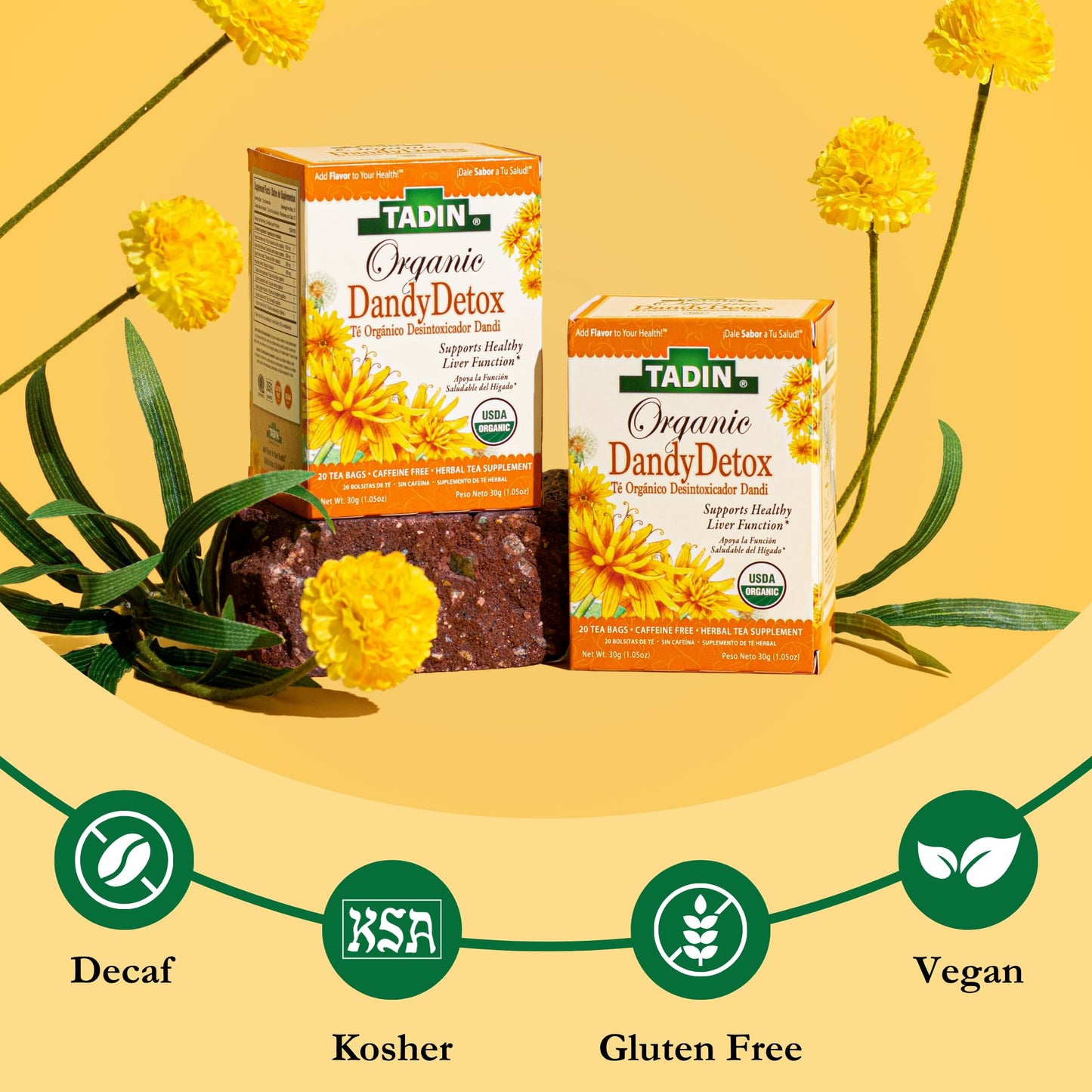 Tadin Organic Dandy Detox Tea, Dandelion Root Tea, Herbal Tea, Liver Support Tea, Organic Tea, Caffeine Free Tea, Wellness Tea, 20 Tea Bags Per Box, Pack of 6
