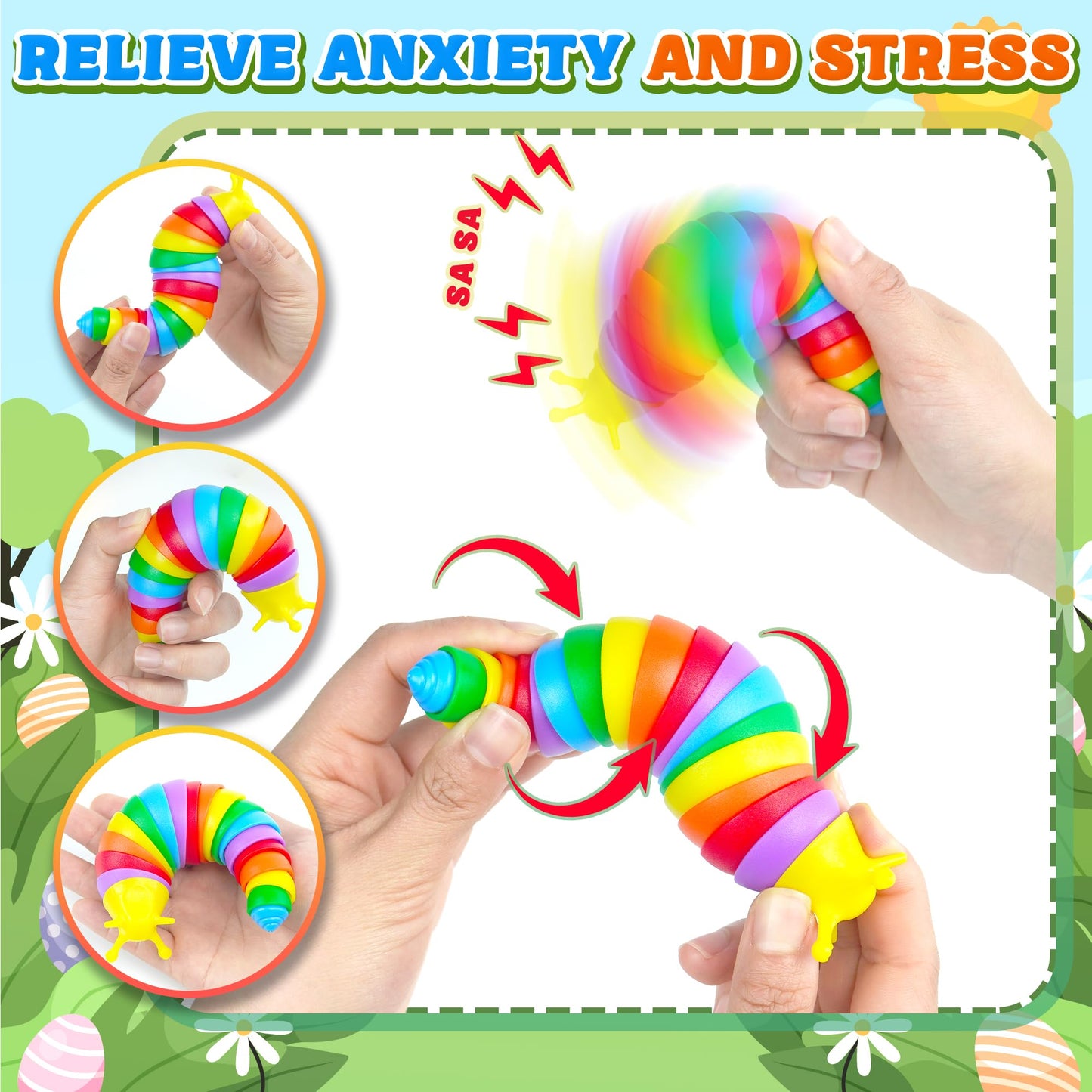 3PCS Sensory Fidget Slug Toys Pack, Easter Basket Stuffer for Toddler Kids Figette Worm for Adults Stress Relief ASMR Figit for Autism ADHD Autistic Caterpillar Travel Stim Toys Gifts for Boys Girls