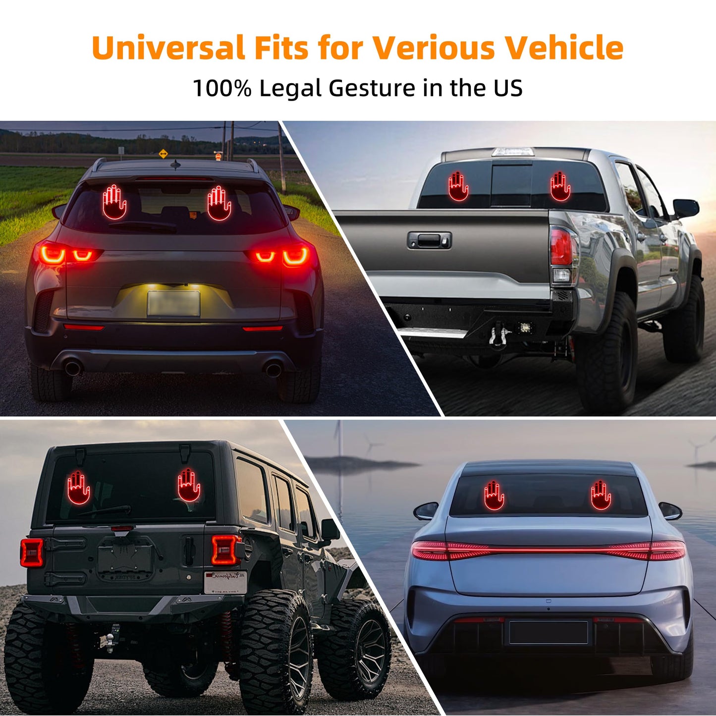 Hand Gesture Light for Car - 3 in 1 LED Finger Light with Remote Control | Back Window Sign for Drivers, Funny Car Accessories & Road Rage Gadgets (Red)