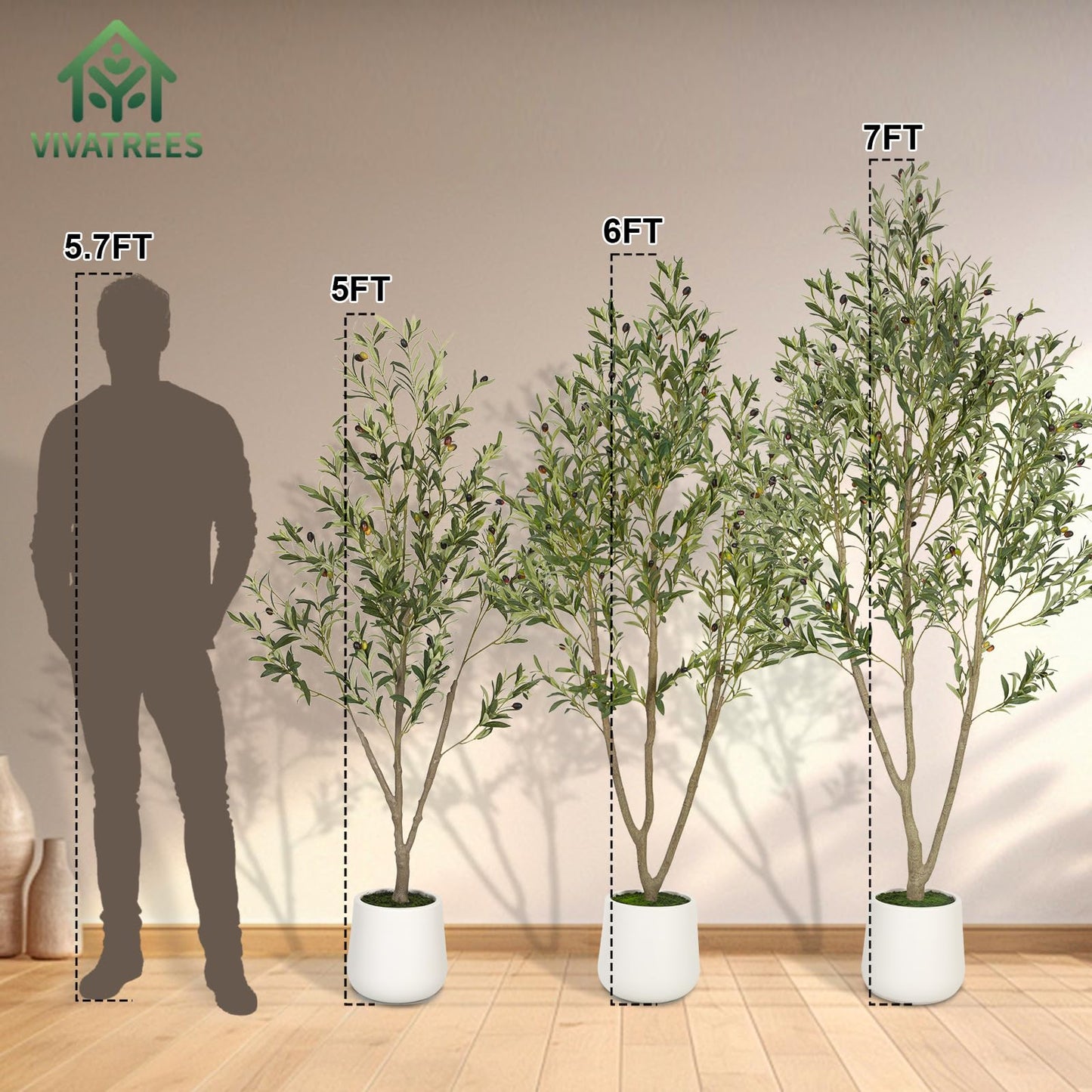 VIVATREES Olive Trees Artificial Indoor, 5FT Tall Faux Olive Tree with White Tall Planter, Artificial Plants with Natural Wood Trunk and Lifelike Fruits for Home Office Decor