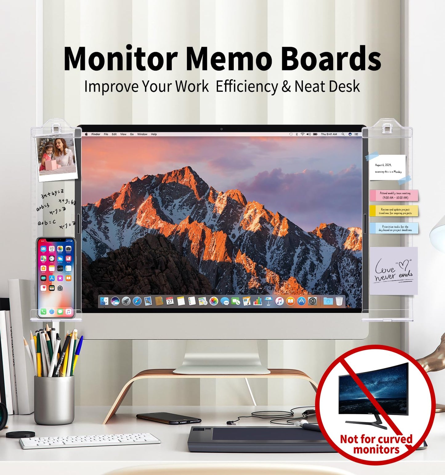 Office Desk Accessories, Acrylic Monitor Memo Boards for Computers, 2PCS (Left & Right) Multifunction Sticky Note Holder for Computer Screen, Home Office Accessories Desktop Message Office Decor