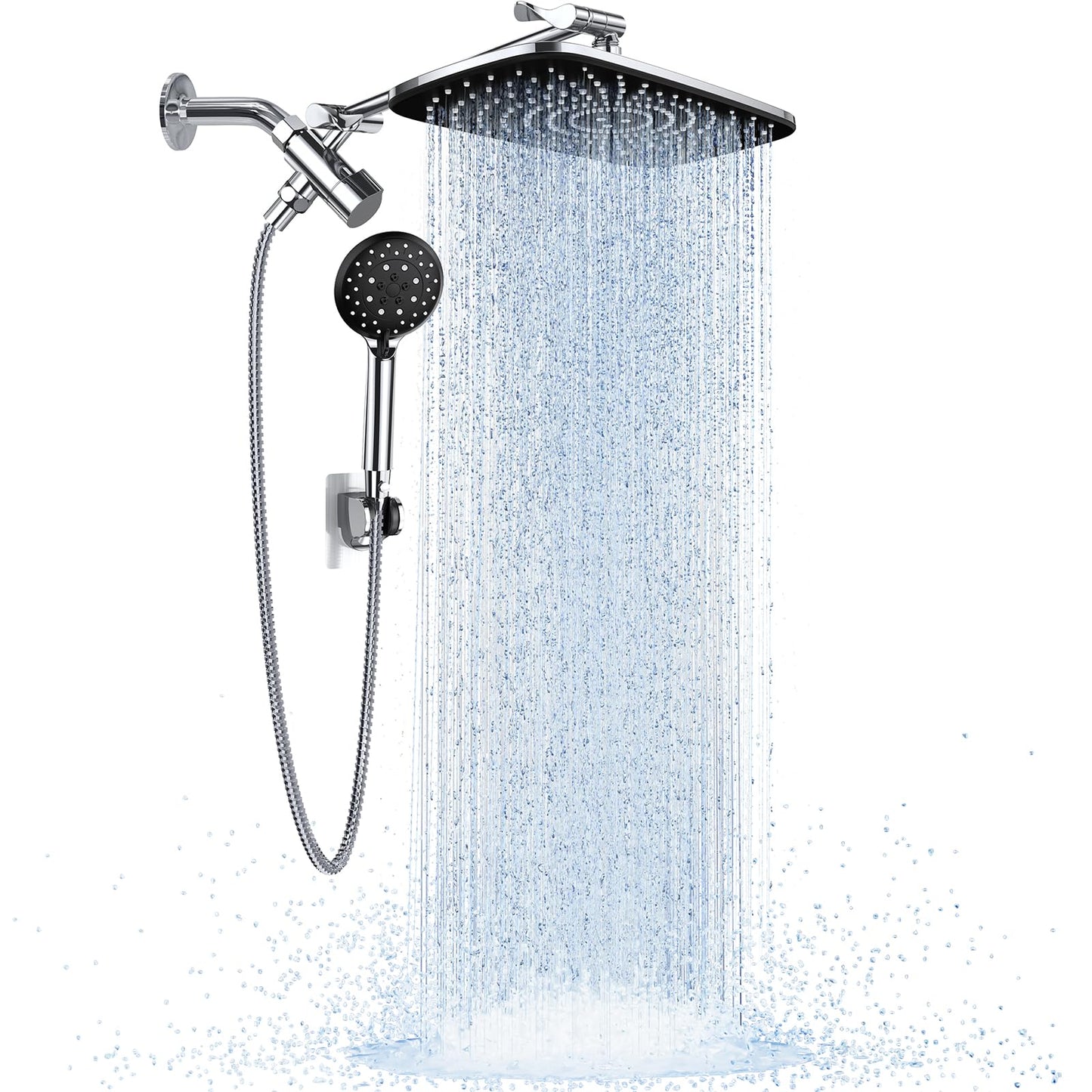 Veken Wide Rain Shower Head with 6 Modes Handheld Water Spray,High Pressure Showerhead Combo with Arm for Bathroom Accessories,Home Decor Adjustable Dual Shower with Anti-Clog Nozzles,Silver Chrome