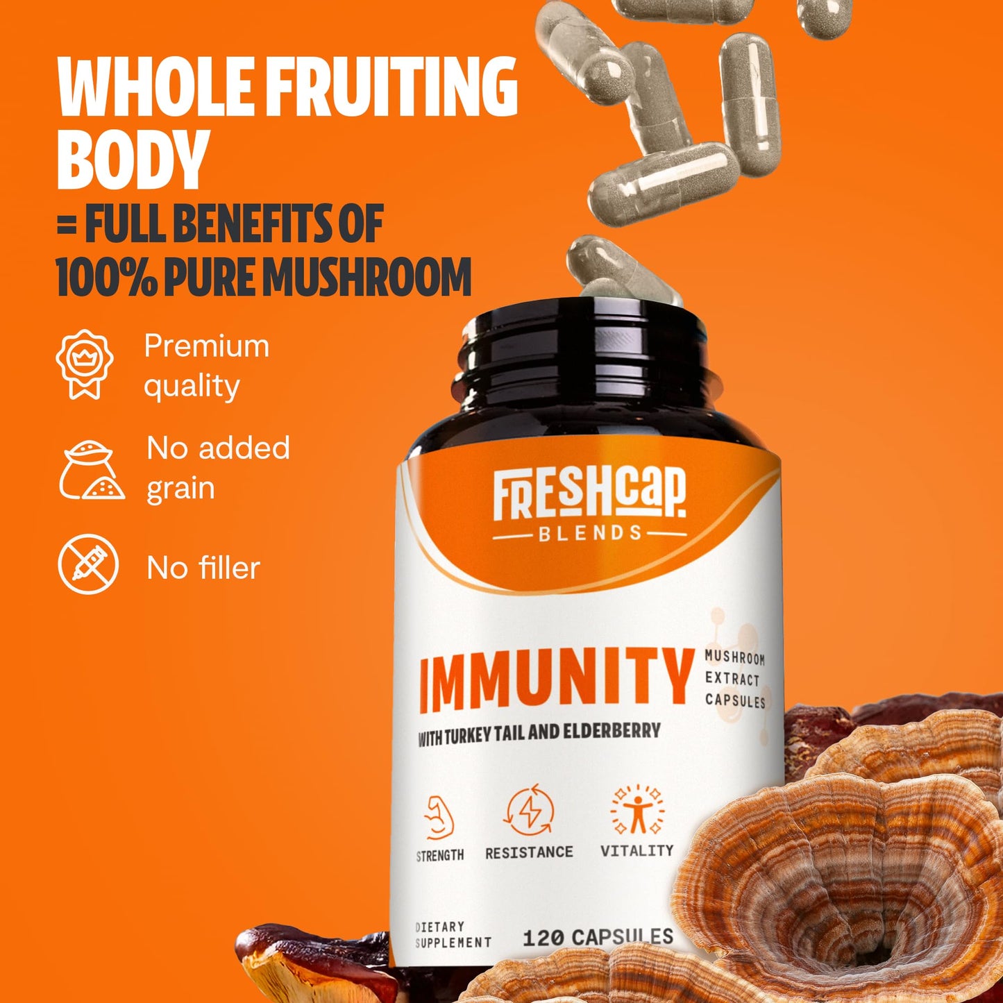 FreshCap 7-in-1 Immune Support Supplement - 5000mg Turkey Tail Mushroom Capsules, Immune Boosters for Adults, Immunity Boost Supplement, Elderberry Vitamin C and Zinc, Ayurveda (120 Capsules)
