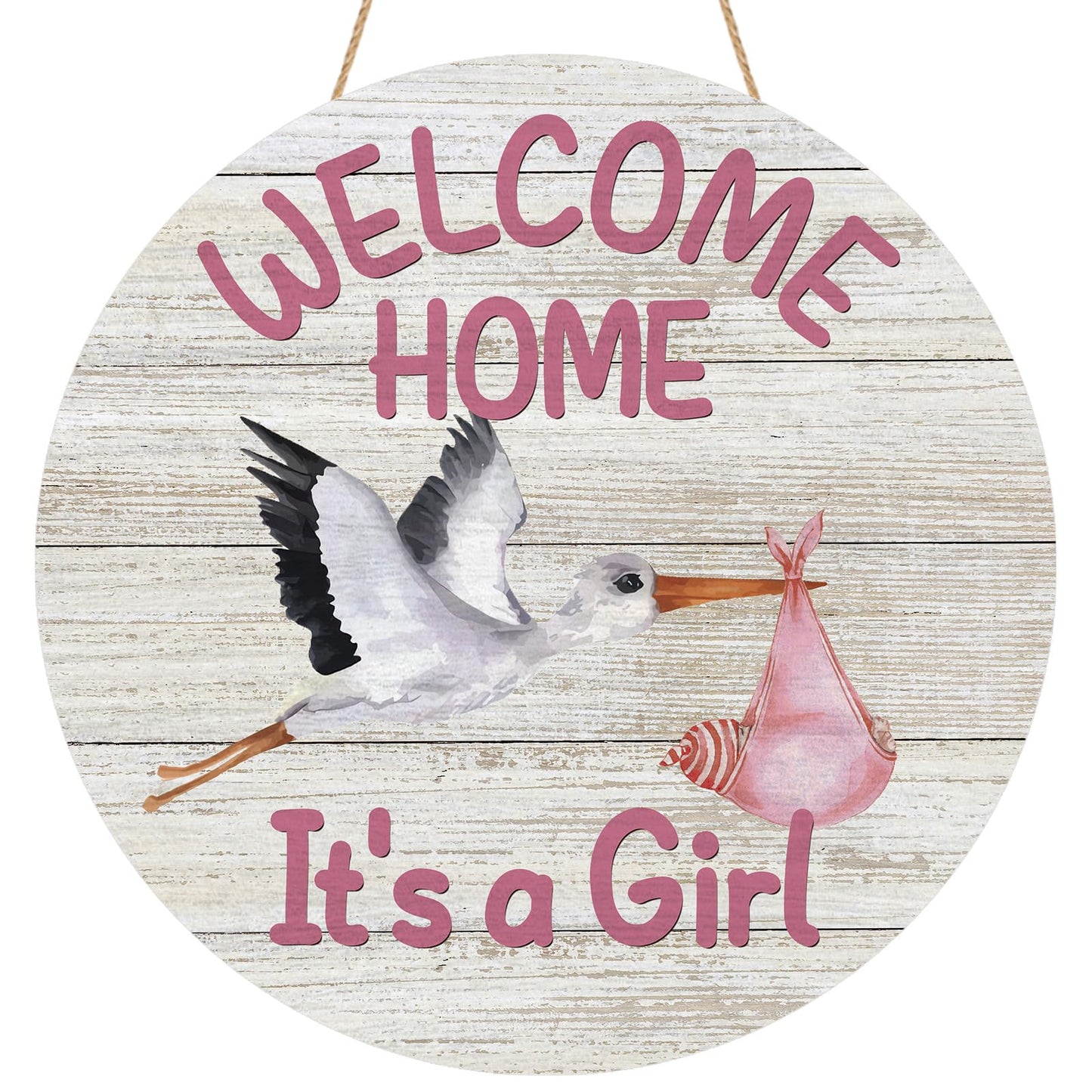 YINENA Welcome Home Baby Girl Door Sign Wood Door Hanger for Outdoor Outside Porch Farmhouse Newborn Gender Reveal Stork Wooden Indoor Wall Hanging Decoration