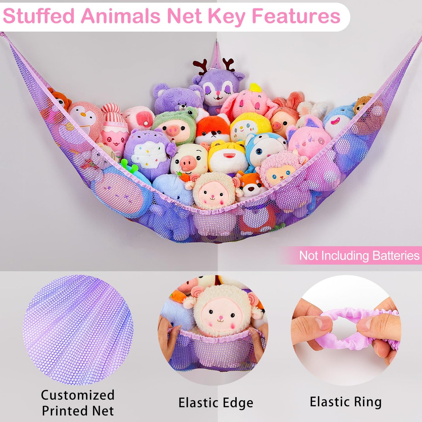 Basumee Stuffed Animals Net or Hammock with LED Light Hanging Toy Net Hammock for Stuffed Animals Storage Stuff Animals Hammocks for Nursery Kids Room with Remote Control, 8 Kinds of Lights(Pack of 1)