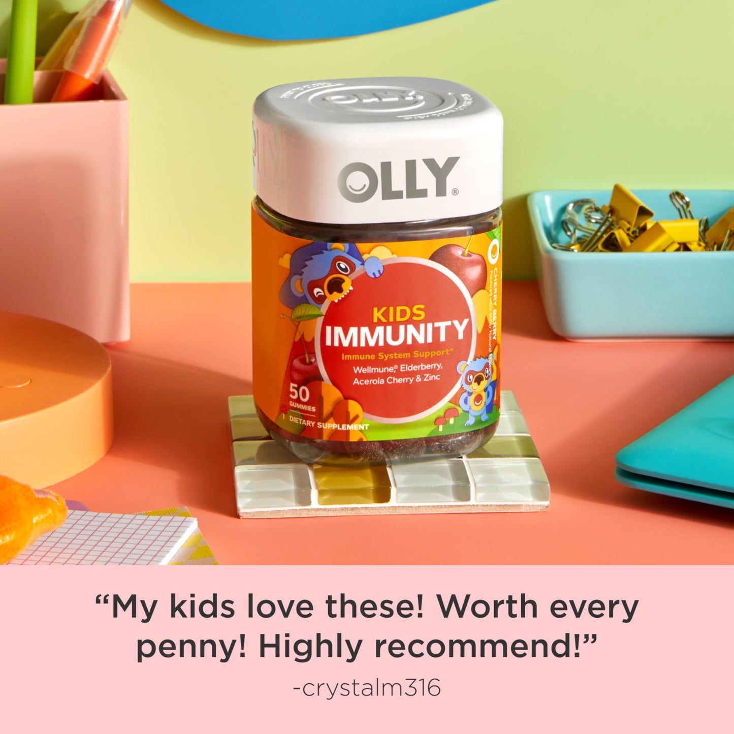 OLLY Kids Immunity Gummy, Immune Support, Wellmune, Elderberry, Vitamin C, Zinc, Chewable Supplement, Cherry - 50 Count