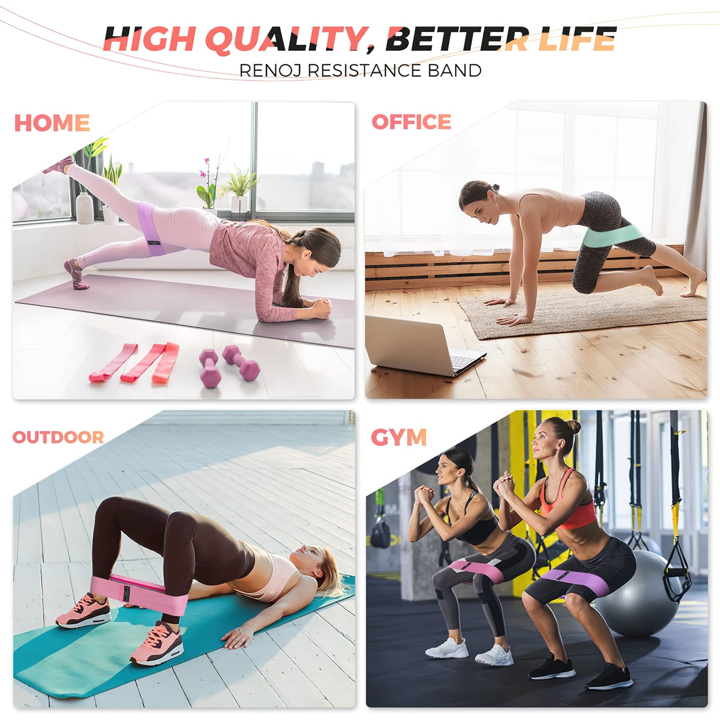 Renoj Resistance Bands, Exercise Workout Bands for Women and Men, 3 Set of Stretch Bands for Booty Legs for Yoga Starter, Pilates Flexbands