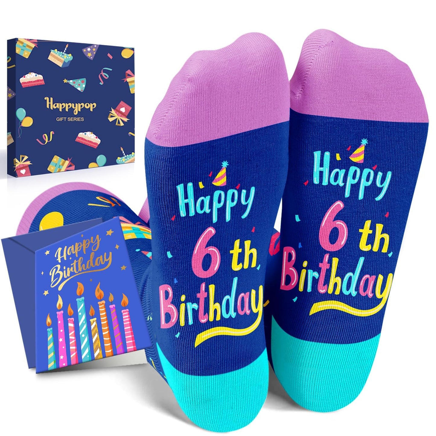 HAPPYPOP 6th Birthday Gifts Ideas for Girls - Socks for Kids Age 6, Presents for 6 Year Olds, Six Year Old Gifts for Girls Boys, Birthday Gift Box with Greeting Card