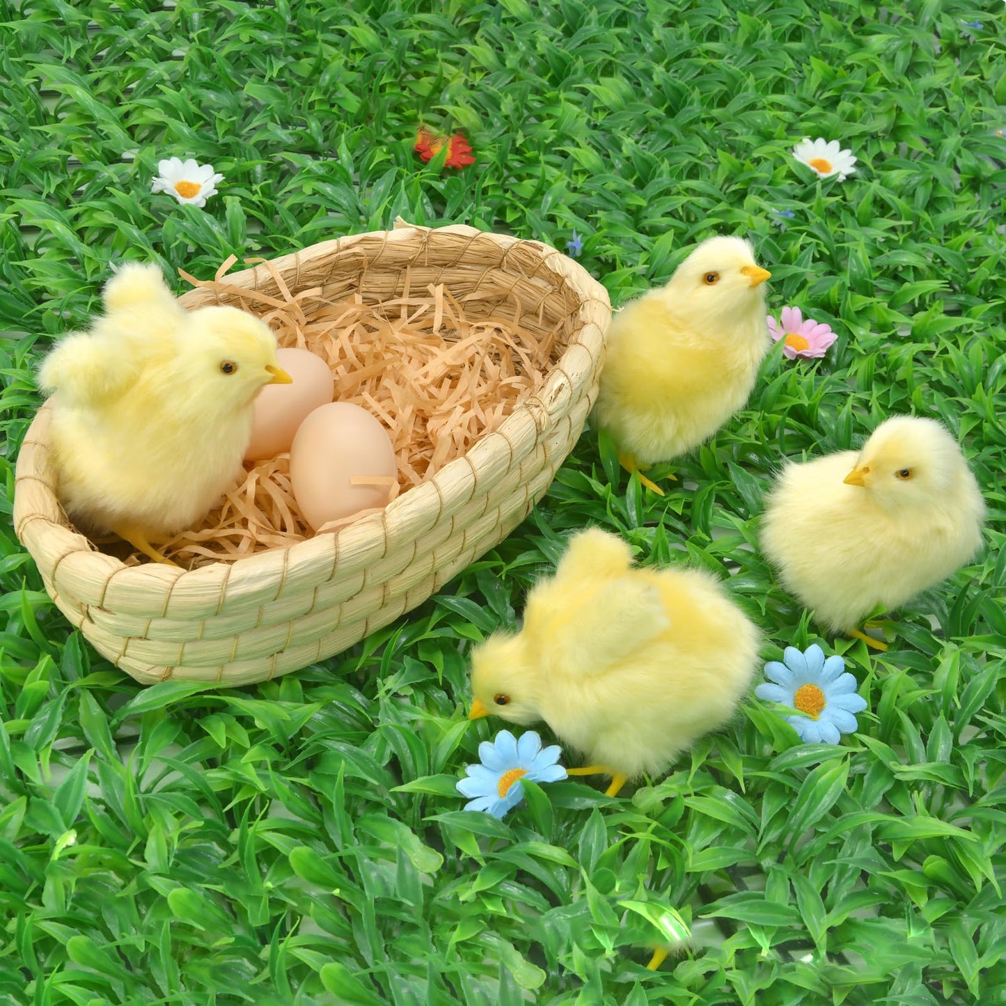 bvdtitb Baby Chick 7 Set, Simulated Chicken Sound Figurine Lifelike Stuffed Farm Animal, Realistic Chicken Plush Easter Chicks Photography Props Home Decor Chirping Furry Little Chicken Birthday Gift