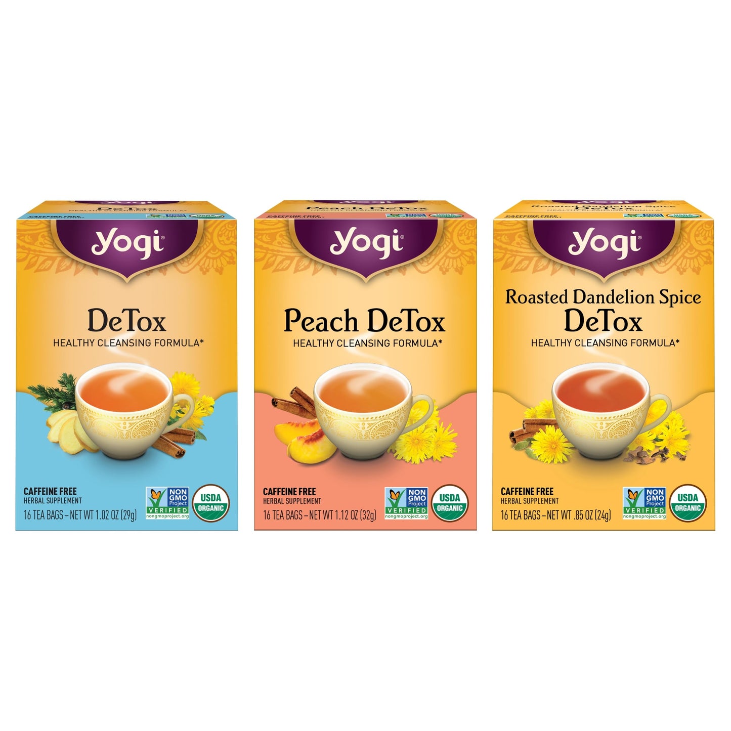 Yogi Tea Herbal DeTox Variety Sampler - 16 Bags per Pack (3 Packs) - Organic Sampler - Includes Peach & Original DeTox Teas & Roasted Dandelion Spice