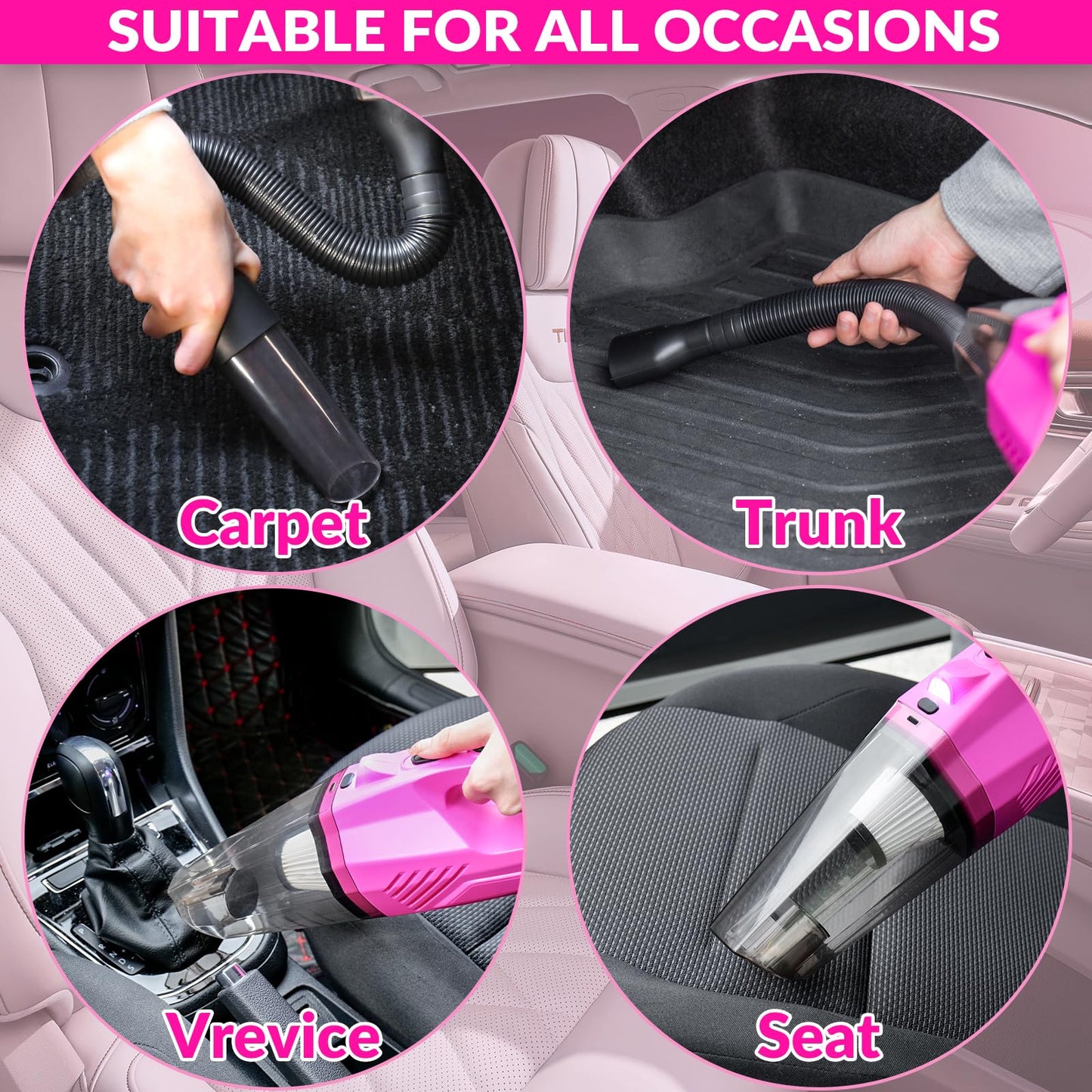 ThinkLearn Car Cleaning Kit, Car Vacuum Detailing Kit Interior with High Power Handheld Vacuum and 7Pcs Detailing Brush Set, Well-Designed Women's Pink Car Accessories Bag
