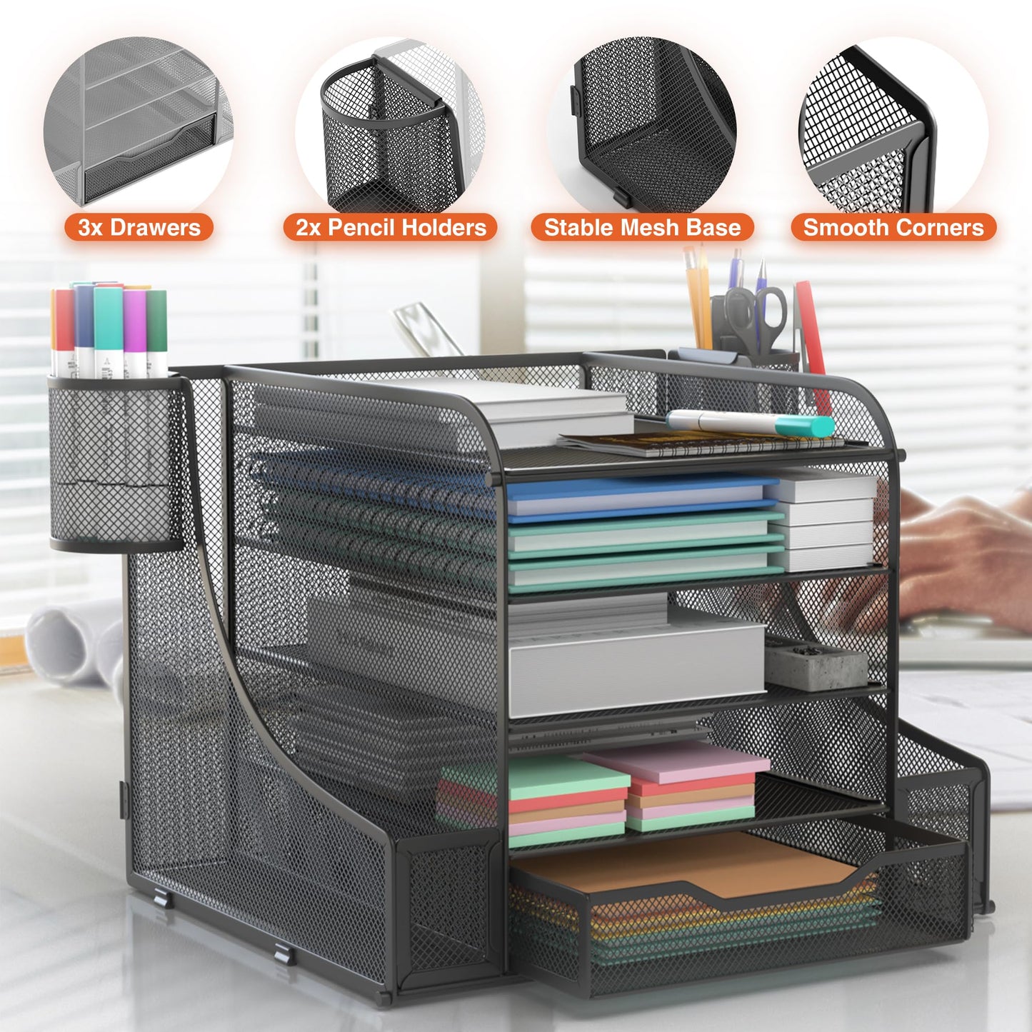 EVOOMI 5 Tier Mesh Desk Organizer PLUS - The Upgraded Time, Space & Sanity Saving Desktop Organizer System for Productivity Success - Ideal Pencil File Paperclip Post It Holder Mail Folder Organizer