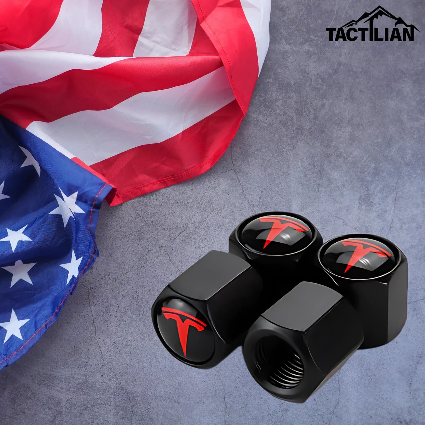 TACTILIAN Red Tire Valve Stem Caps for Tesla Model 3, S, X, Y | Leakproof Aluminum Tire Valve Caps with Rubber O-Rings Compatible with Tesla Car Accessories | Tire Valve Stem Covers Tire Caps 4 Pack