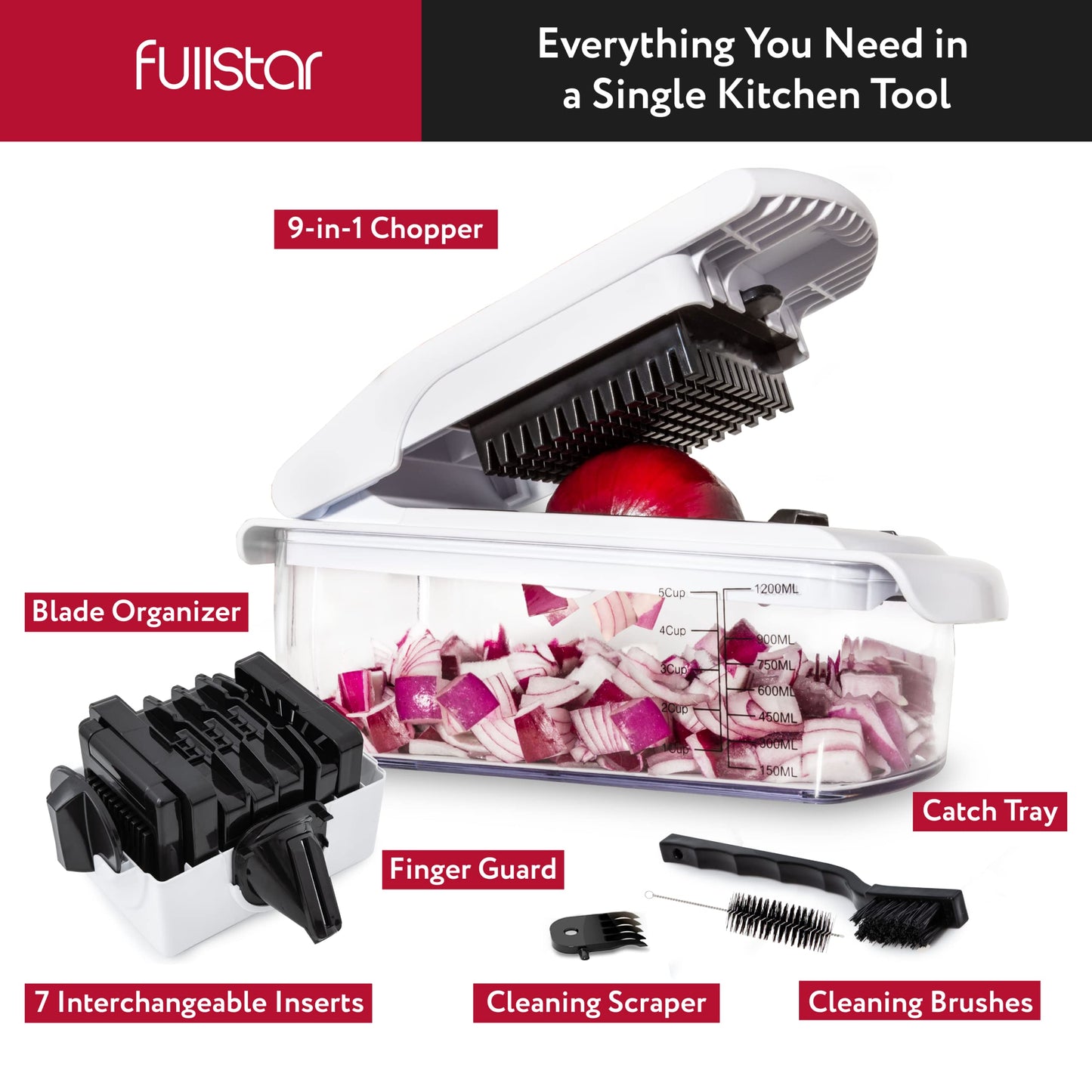 Fullstar Vegetable Chopper and Spiralizer - Food Chopper with Container, Fruit Slicer, Kitchen Gadgets & Accessories, Home Essentials (9 in 1, White)