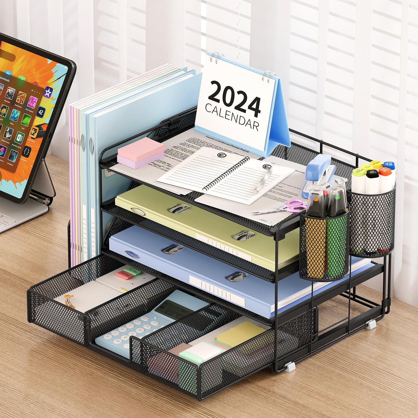 OPNICE Desk Organizers and Accessories, Desk Accessories & Workspace Organizers for Office Supplies, File Organizer Desk Drawer Organizer with 2 Pen Holders, 4 Tier Paper Organizer for Desk(Black)