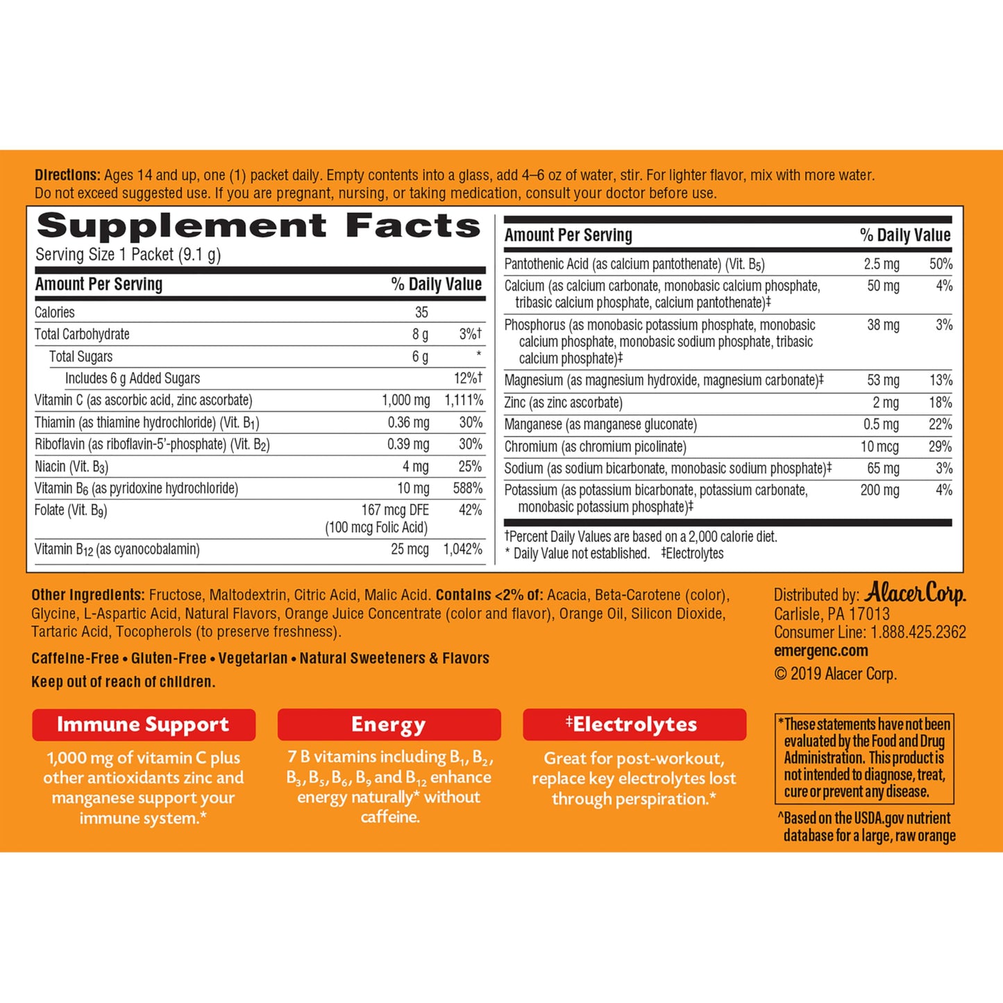 Emergen-C 1000mg Vitamin C Powder for Daily Immune Support Caffeine Free Vitamin C Supplements with Zinc and Manganese, B Vitamins and Electrolytes, Super Orange Flavor - 30 Count