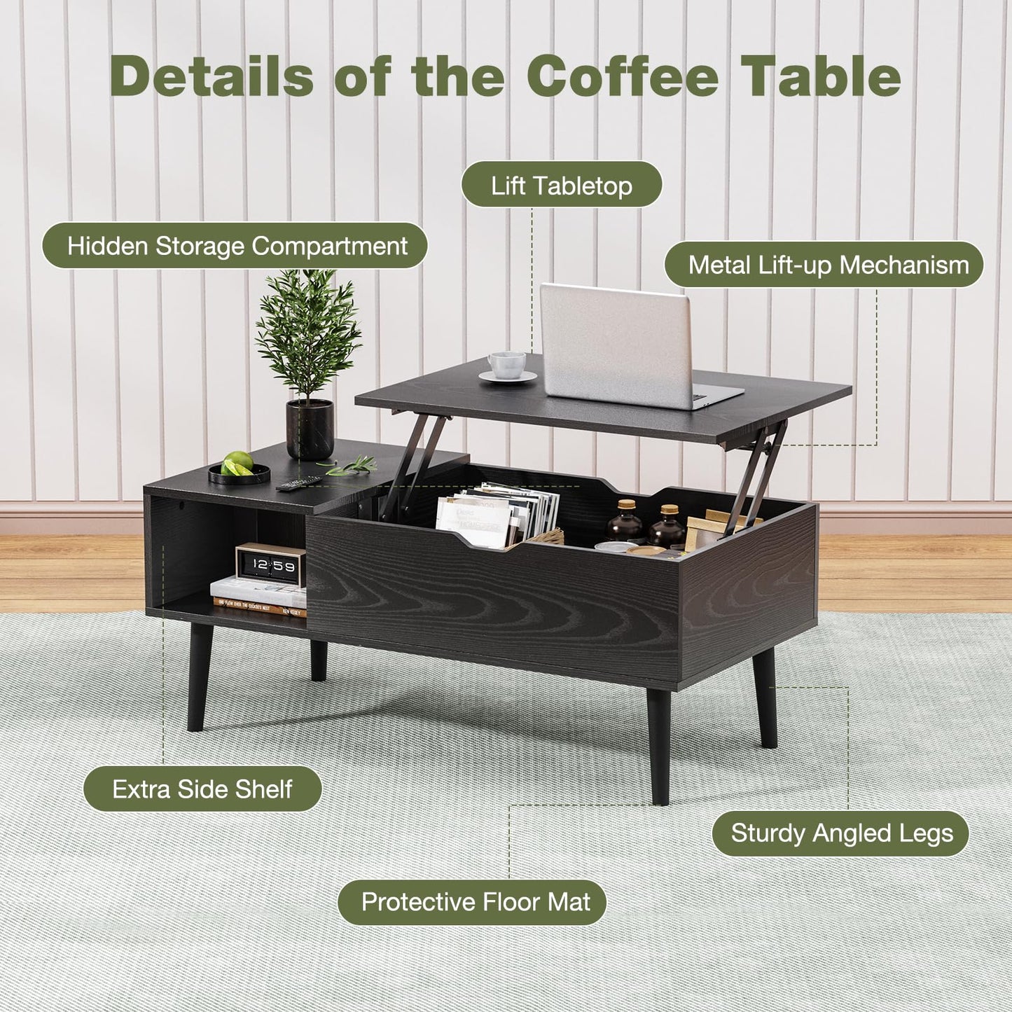 Wood Lift Top Coffee Table with Hidden Compartment and Large Storage Shelf, Lift Tabletop Dining Center Table for Home Living Room Office, Black