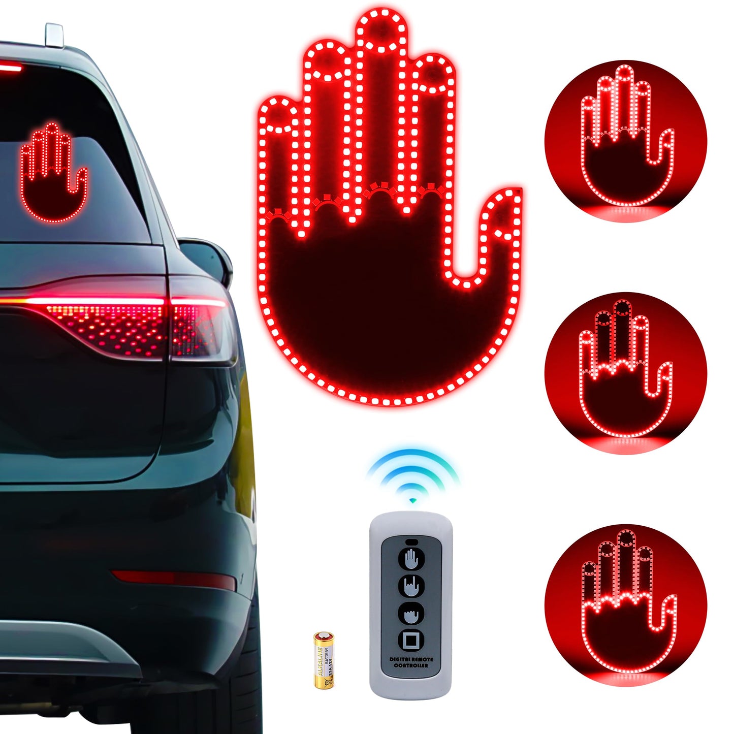 Hand Gesture Light for Car - 3 in 1 LED Finger Light with Remote Control | Back Window Sign for Drivers, Funny Car Accessories & Road Rage Gadgets (Red)