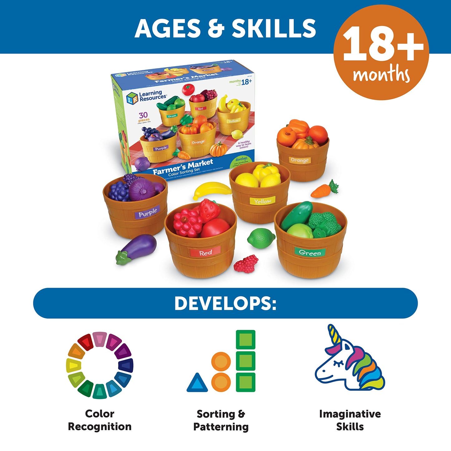 Learning Resources Farmer's Market Color Sorting Set - Play Food for Kids, Toddler Learning Toys, Grocery and Kitchen Play Toys