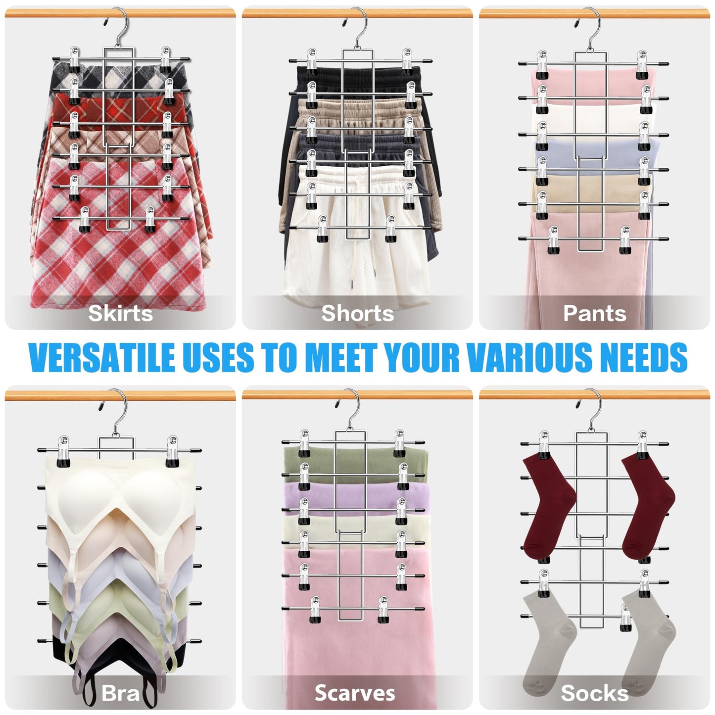 4 Pack Closet-Organizers-and-Storage, Metal Closet-Organizer-Pants-Hangers-Space-Saving, 6 Tier Organization and Storage Short Skirt Hangers Clip, Dorm Room Essentials for College Students Girls Boys