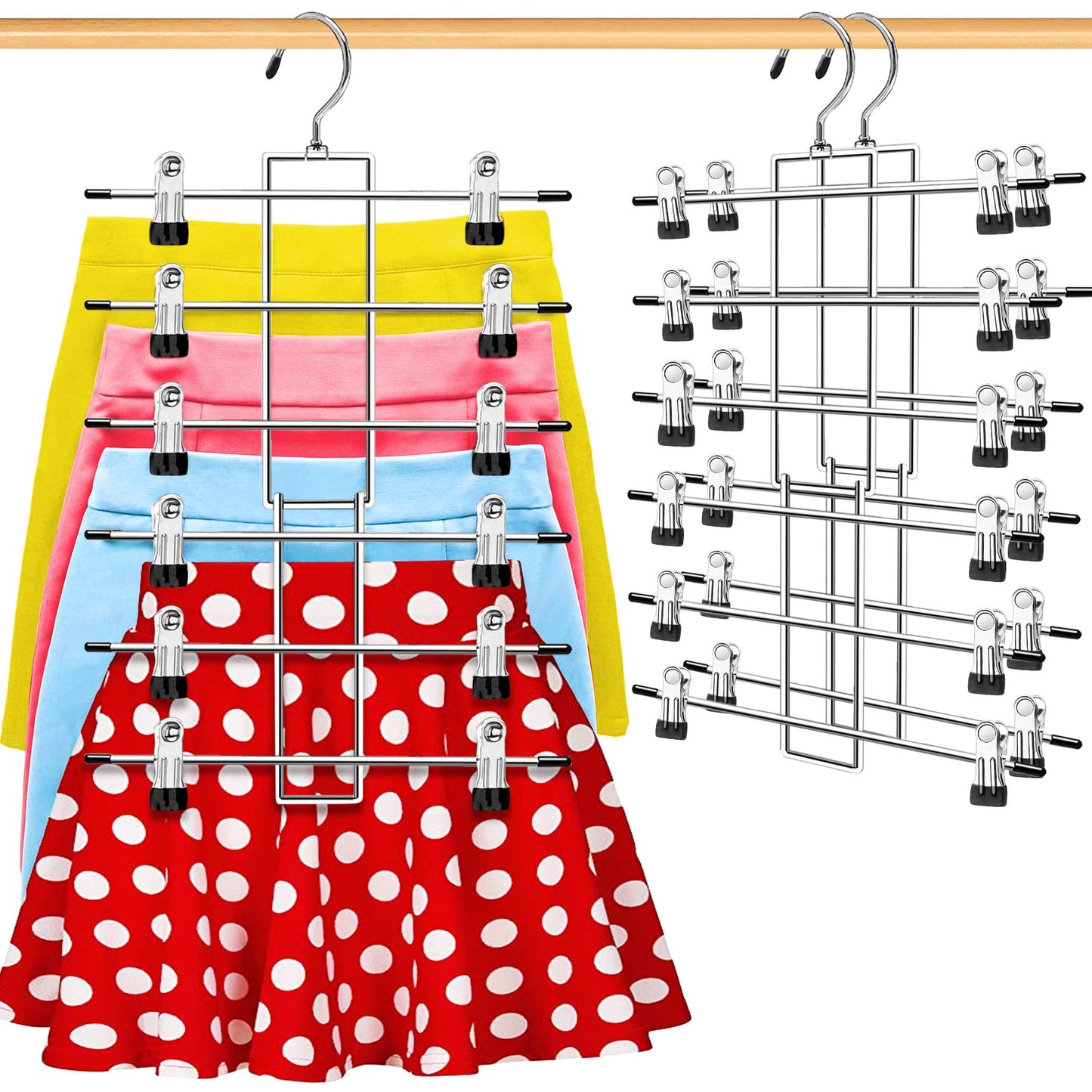 4 Pack Closet-Organizers-and-Storage, Metal Closet-Organizer-Pants-Hangers-Space-Saving, 6 Tier Organization and Storage Short Skirt Hangers Clip, Dorm Room Essentials for College Students Girls Boys