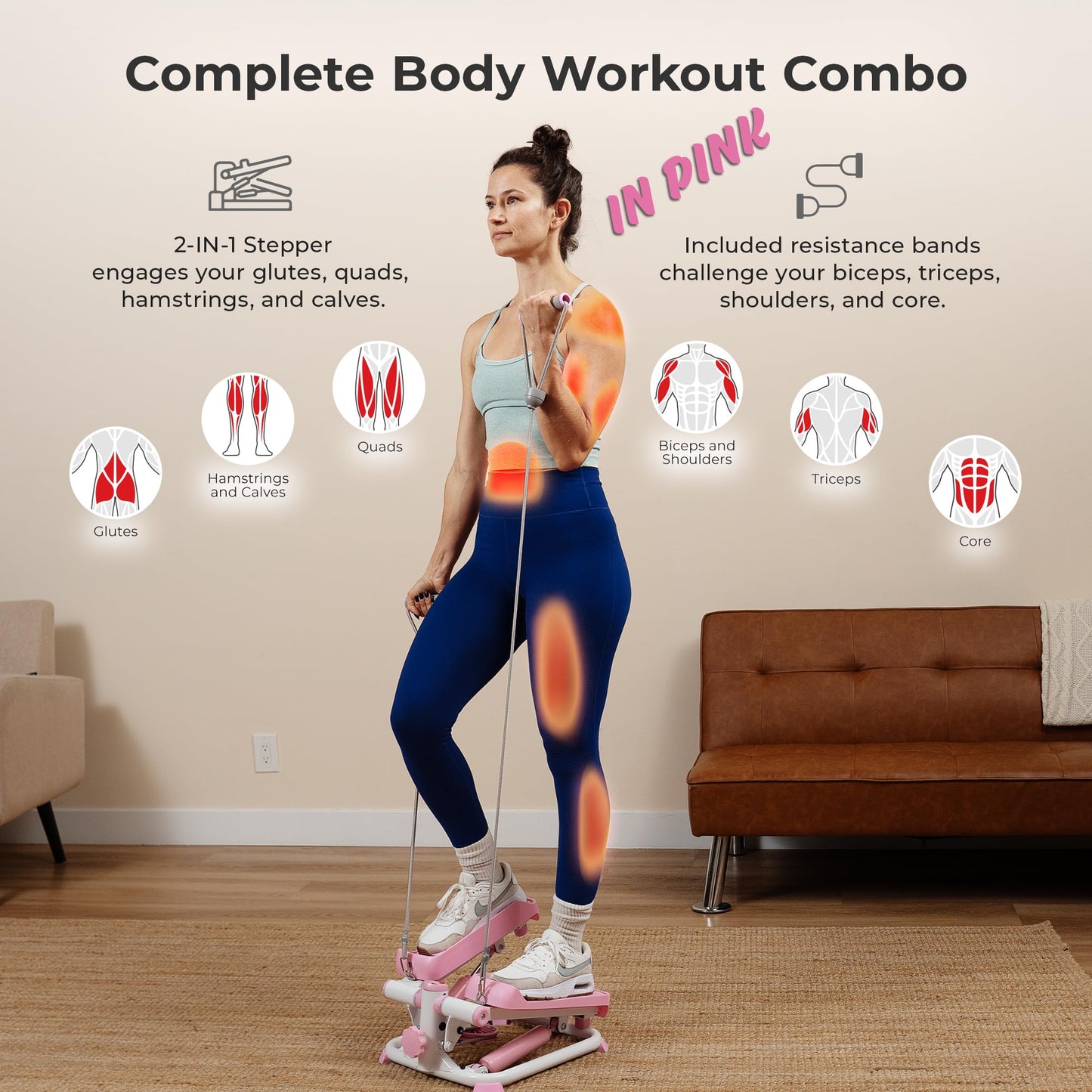 Sunny Health & Fitness Total Body 2-in-1 Stepper Machine, Total Body Workout, Adjustable Hydraulic, Resistance Bands, Non-Slip Pedals w Optional Free SunnyFit App Enhanced Bluetooth Connectivity