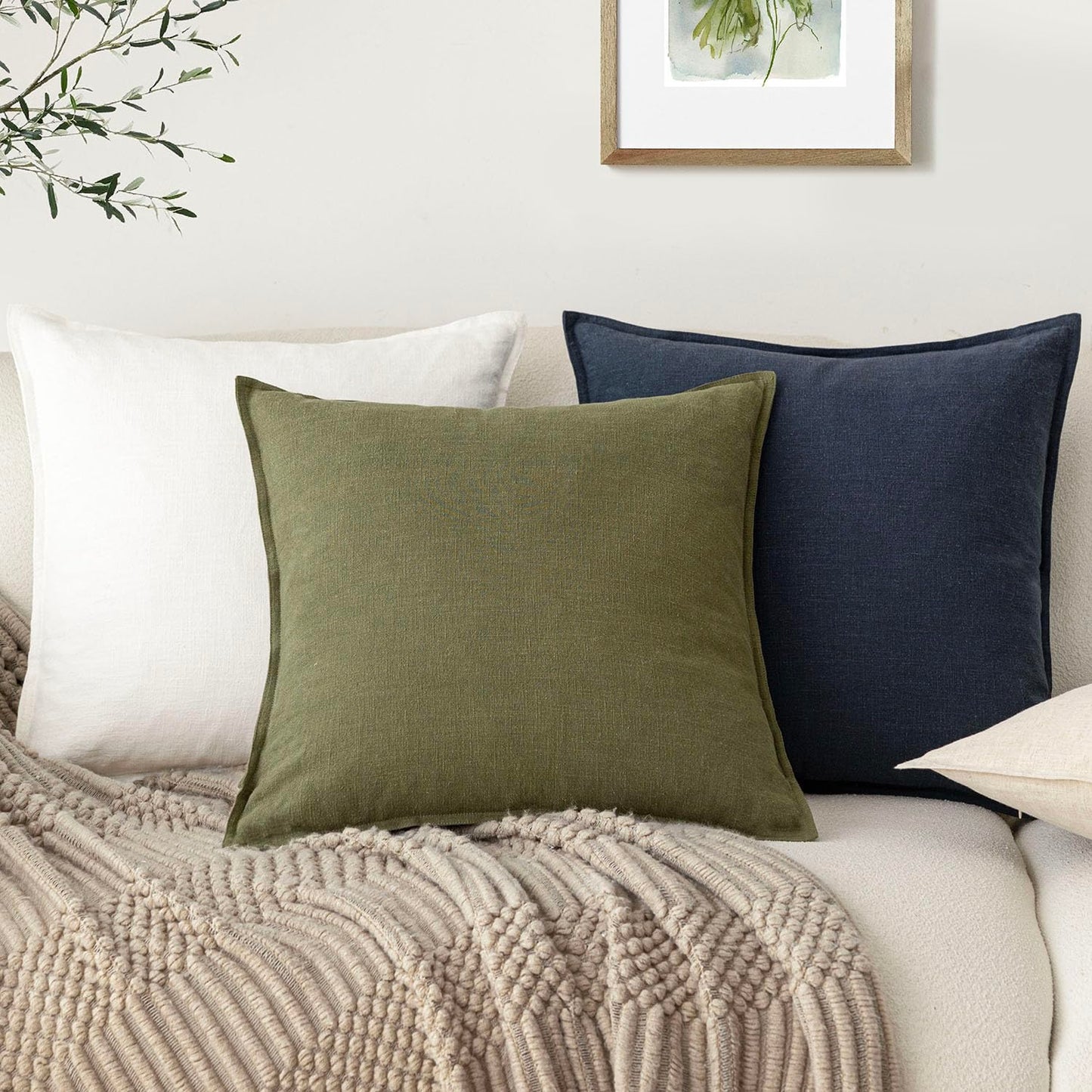 Foindtower Pack of 2, Decorative Linen Soild Throw Pillow Covers Soft Accent Cushion Case Boho Farmhouse Pillowcase for Chair Couch Sofa Bedroom Living Room Home Decor 20 x 20 Inch Olive Green