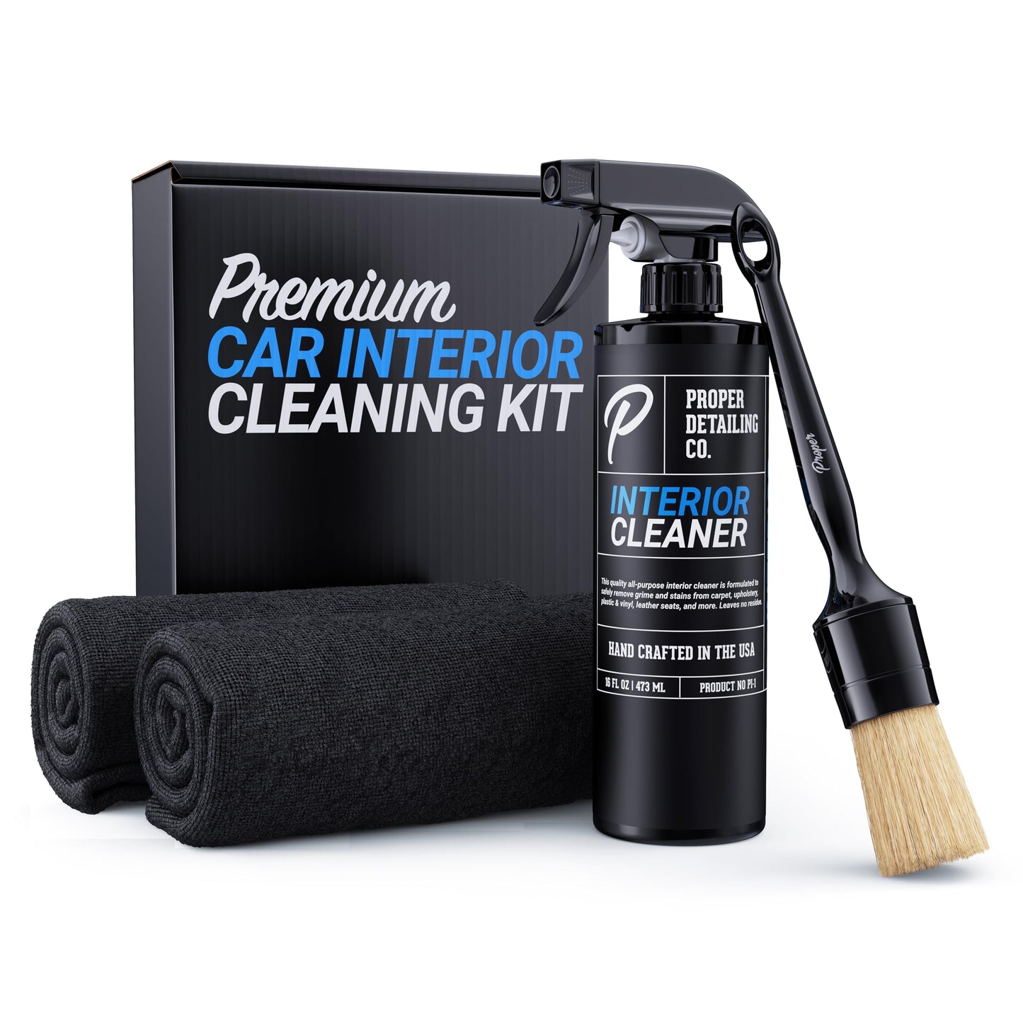PROPER DETAILING CO. Car Detailing Kit Interior Cleaner, Get Professional Results - Car Interior Cleaning Kit includes 16 oz. interior cleaner, premium boars hair detail brush, and 2 microfiber towels