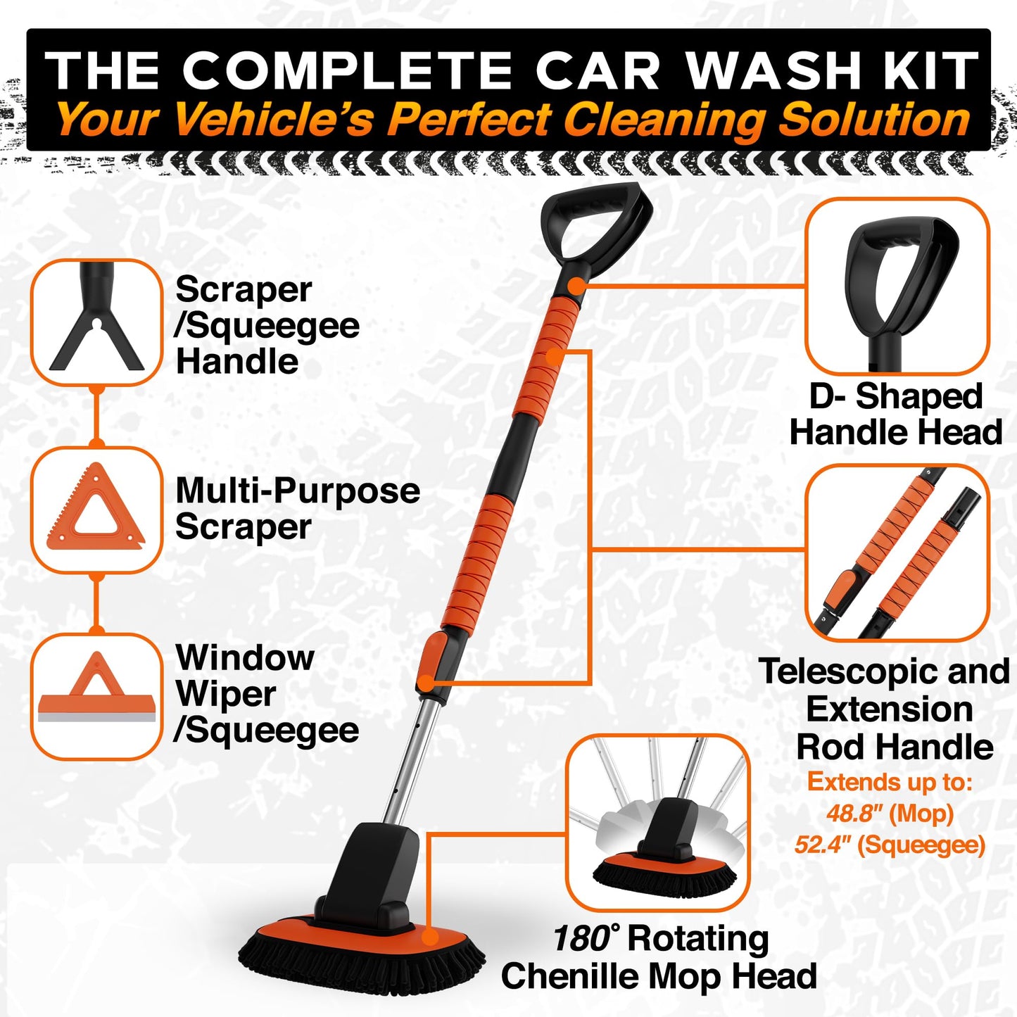 RoofPax Premium Car Wash Kit with 48.8" Extendable Telescoping Handle Chenille Microfiber Car Brush Wash Mop Mitt Scratch-Free Duster Exterior Magic Sponge & Cleaning Kit for All Vehicles