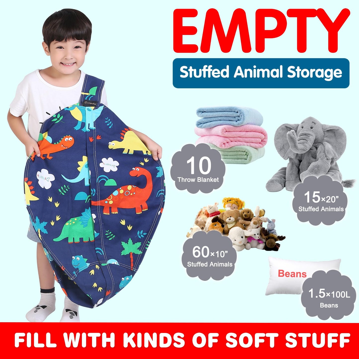 Lukeight Stuffed Animal Storage Bean Bag Chair Cover for Kids, Dinosaur Zipper Beanbag Chair Cover for Organizing Toddler and Kids' Rooms Plush Toys (Dinosaur, Large)