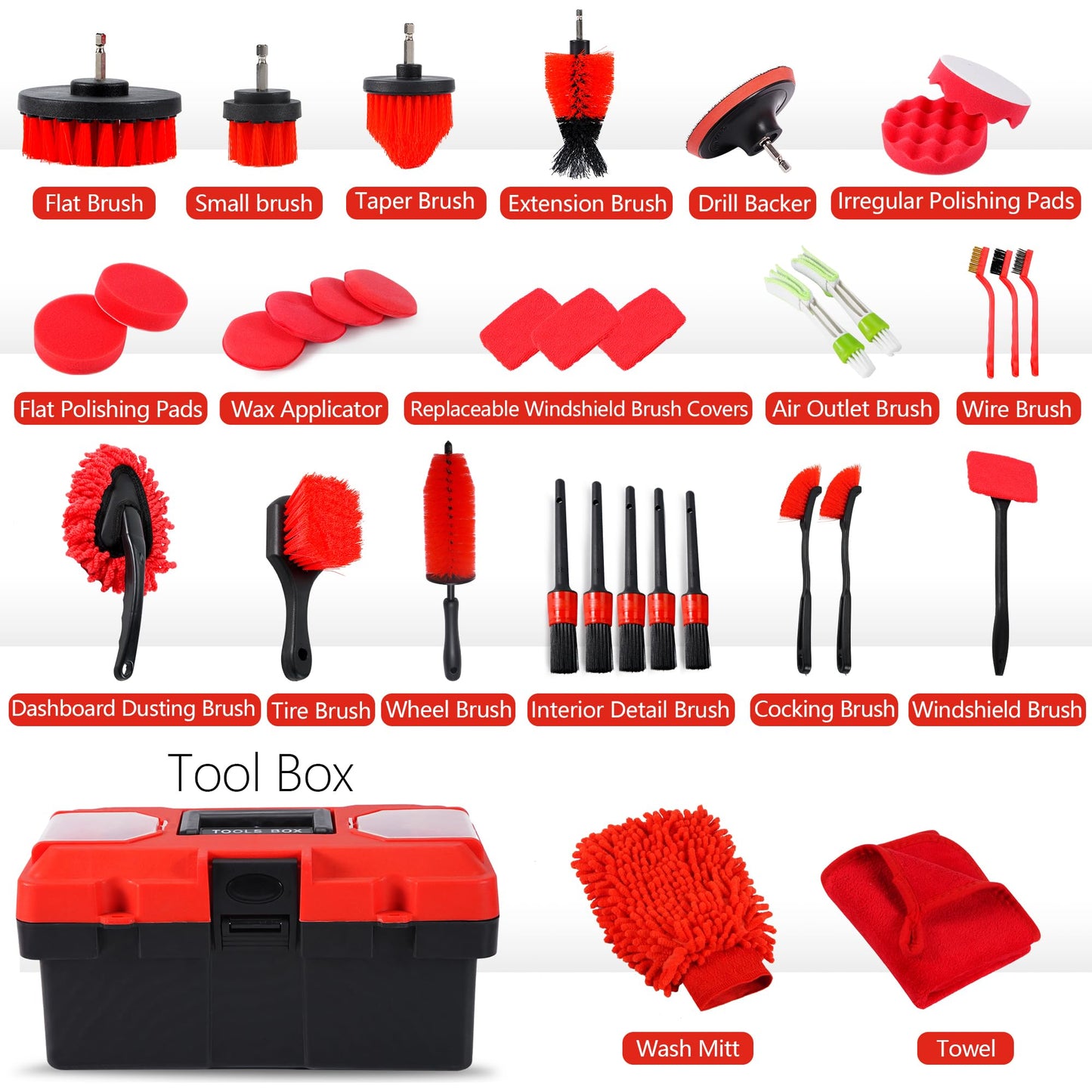 MIANYINGR 35Pcs Car Detailing Kit, Drill Brush Attachments with Detailing Brush Set and Tools Box, Red Auto Cleaning Kit Interior for Wheels, Dashboard, Windows (B:35PCS-R)