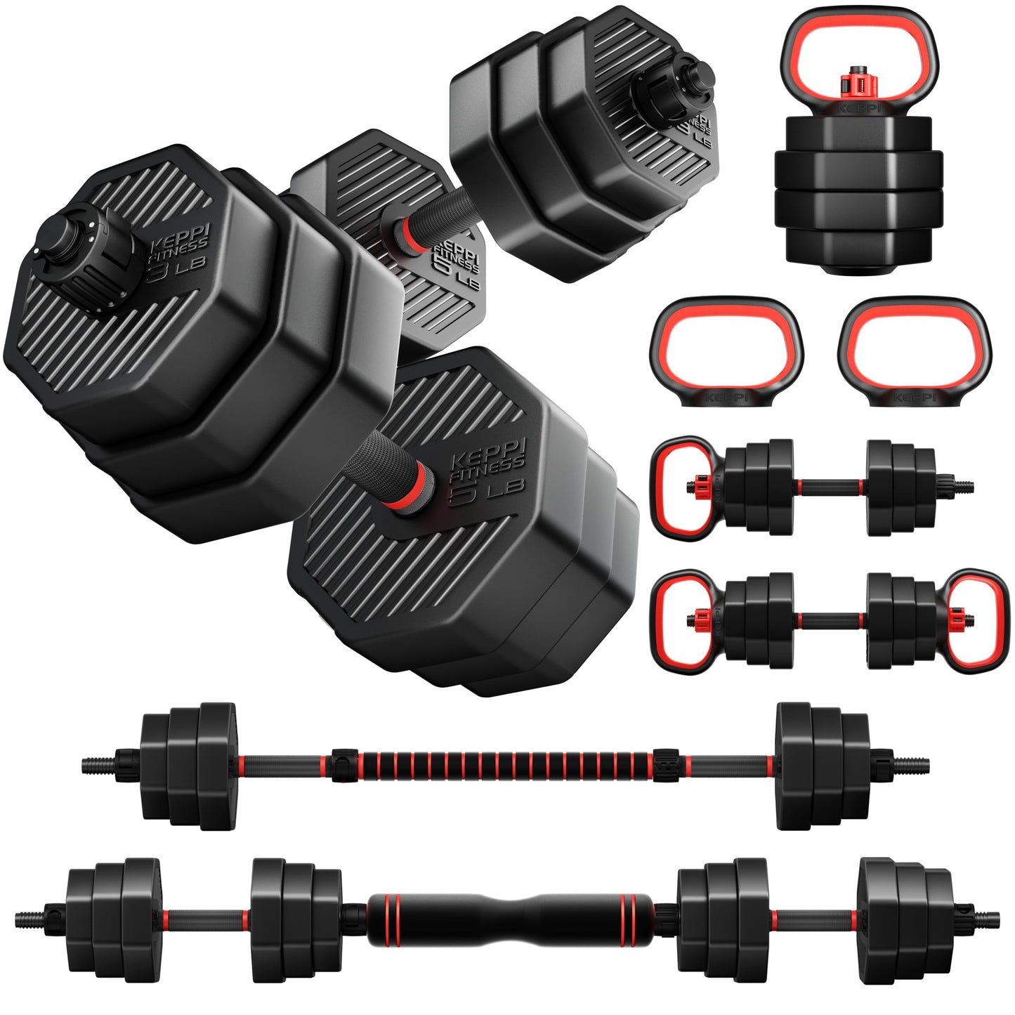 KeppiFitness Adjustable Dumbbell Set, 30/40/50/70/90 lb Weight Set with Connector Bar, 4 in 1 Workout Gear with Dumbbell, Kettlebell, Barbell, Push up Handle for Home Gym Fitness Exercise