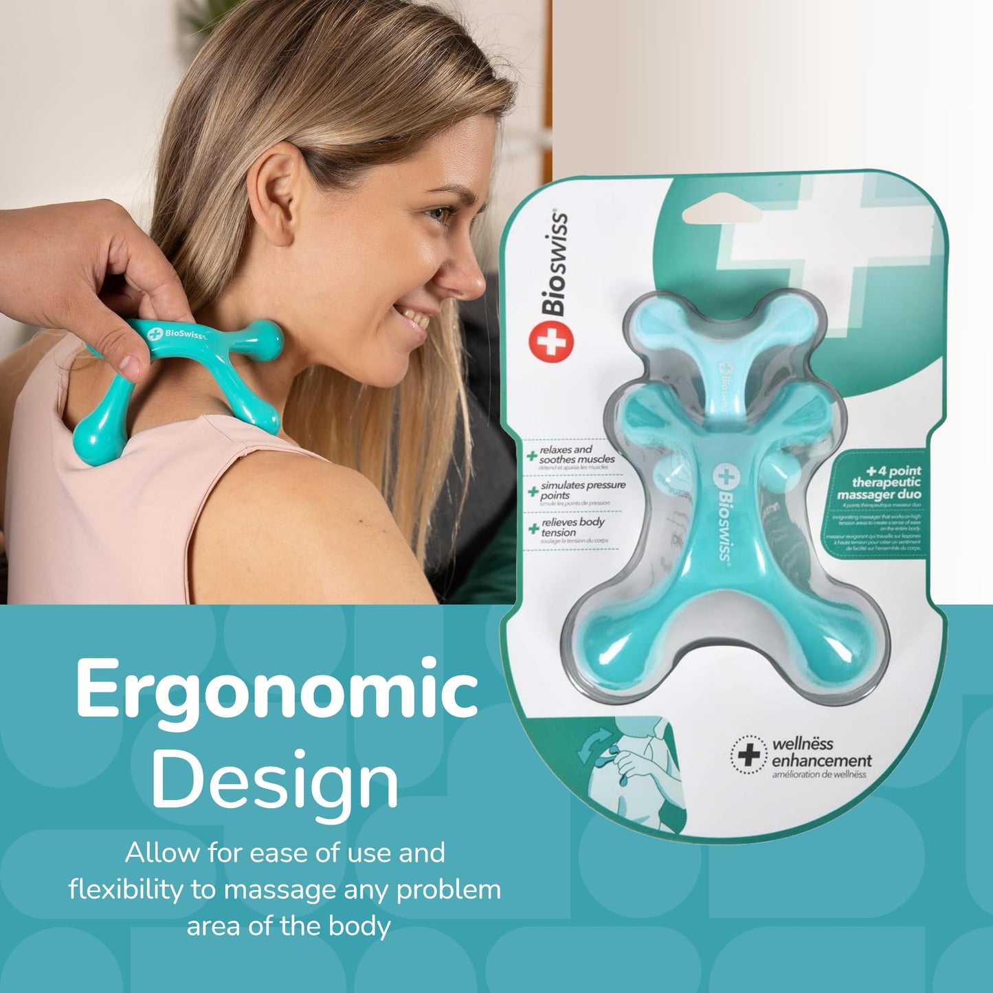 BioSwiss 2-Pack Full Body Massager, 4 Legged Pressure Point Hand Held Massage Tool for Back and Neck Massaging, One Large One Small