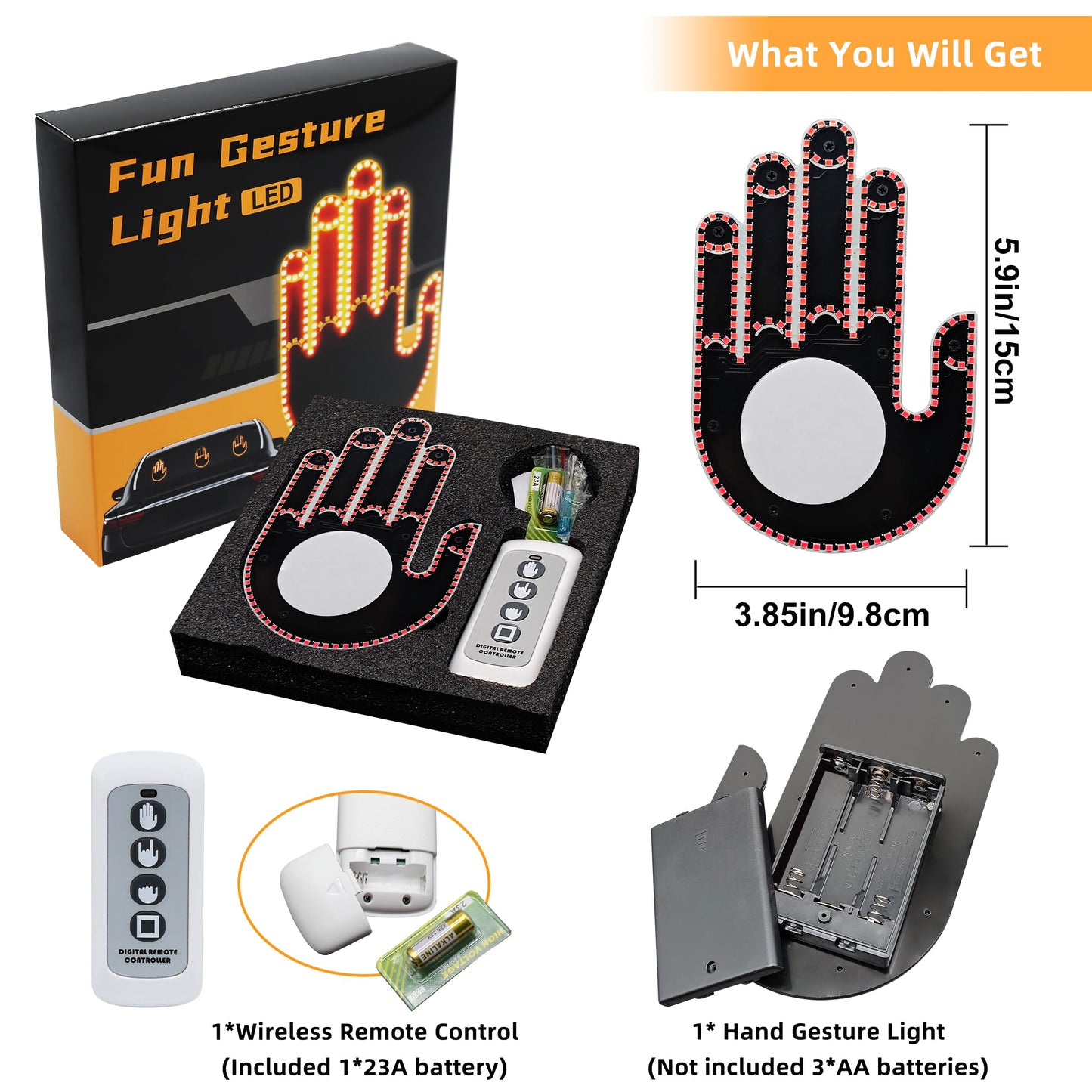 Hand Gesture Light for Car - 3 in 1 LED Finger Light with Remote Control | Back Window Sign for Drivers, Funny Car Accessories & Road Rage Gadgets (Red)