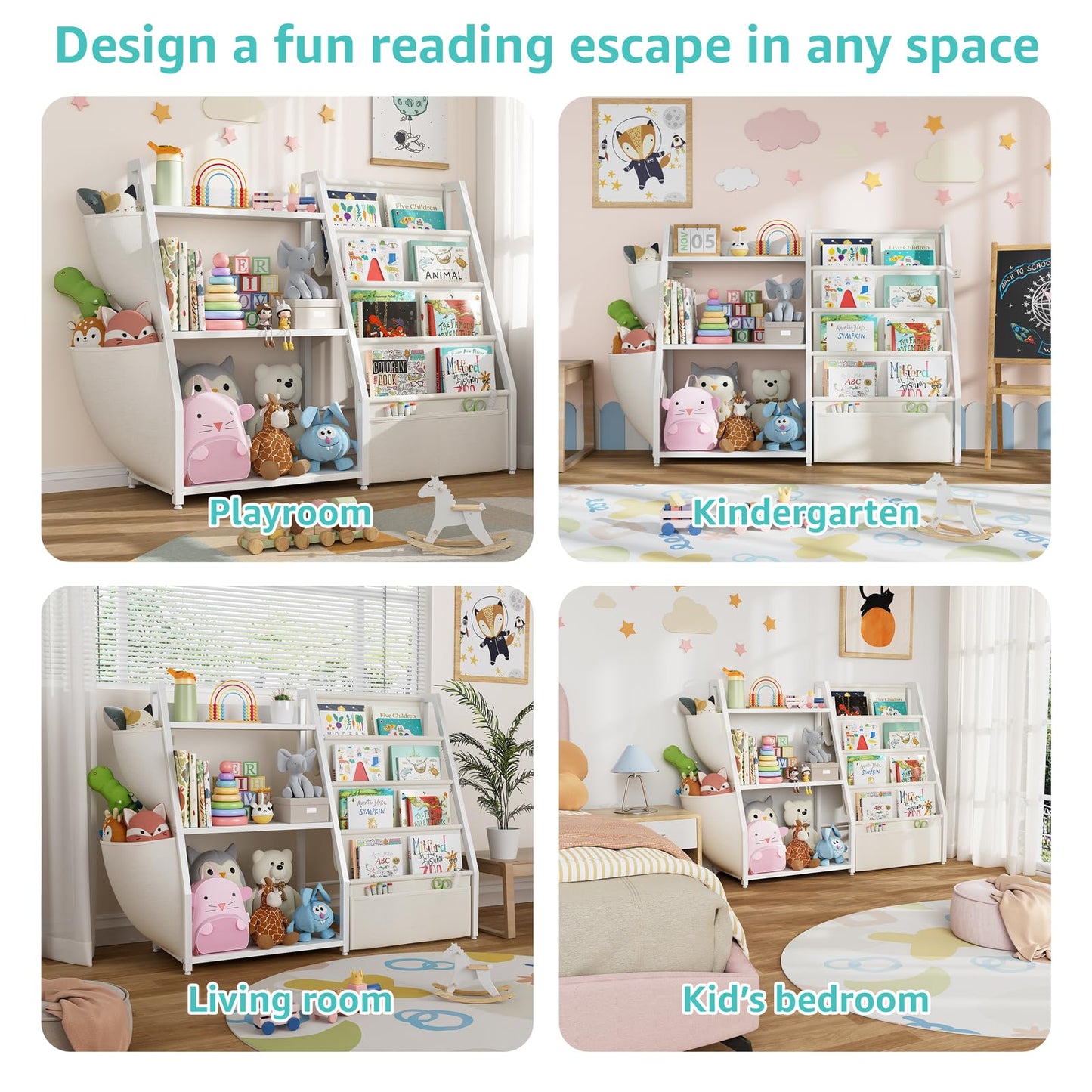 MEUIS Kids Bookshelf and Toy Storage - Toy Organizer with Book Shelf 3 Tier Floor Small Sling Bookcase Bedroom Nursery Kids Room Playroom, White
