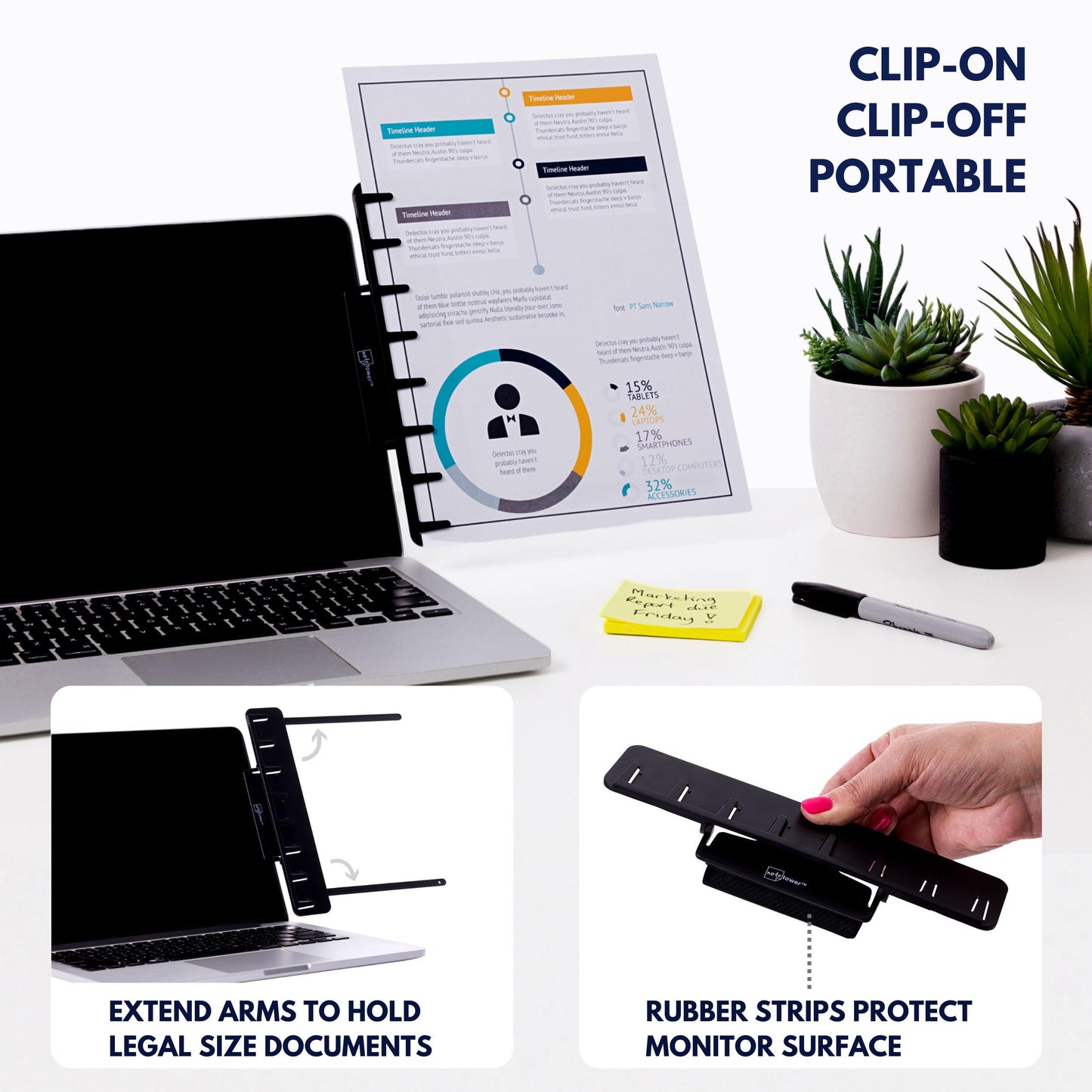 Note Tower Monitor Document Paper Holder for Typing | Clips to Laptops & Desktop Monitors I Reduces Eye & Neck Strain | Portable Copy Holder for Desk | Sticky Note Stand & Monitor Memo Board | Black