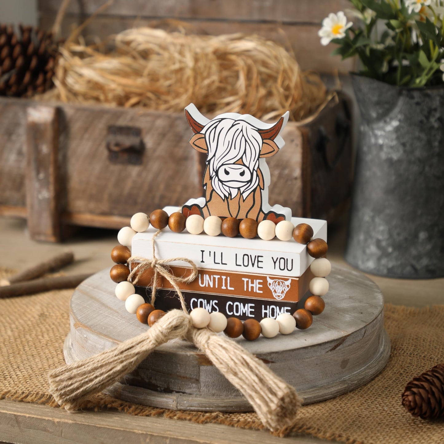 5PCS Highland Cow Decor, Farmhouse Tiered Tray Decor, Wooden Book Stacks Rustic Table Centerpiece for Home Room Mantle Shelf