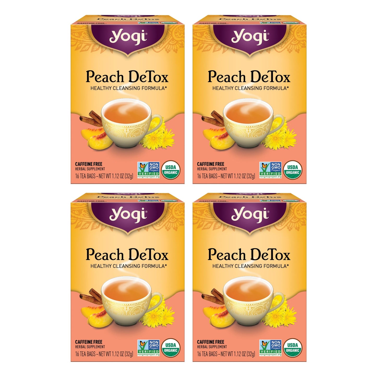 Yogi Tea Peach DeTox Tea - 16 Tea Bags per Pack (4 Packs) - Organic DeTox Tea to Feel Refreshed - Includes Cinnamon Bark, Ginger Root, Cardamom Pod, Burdock Root, Dandelion Root & More