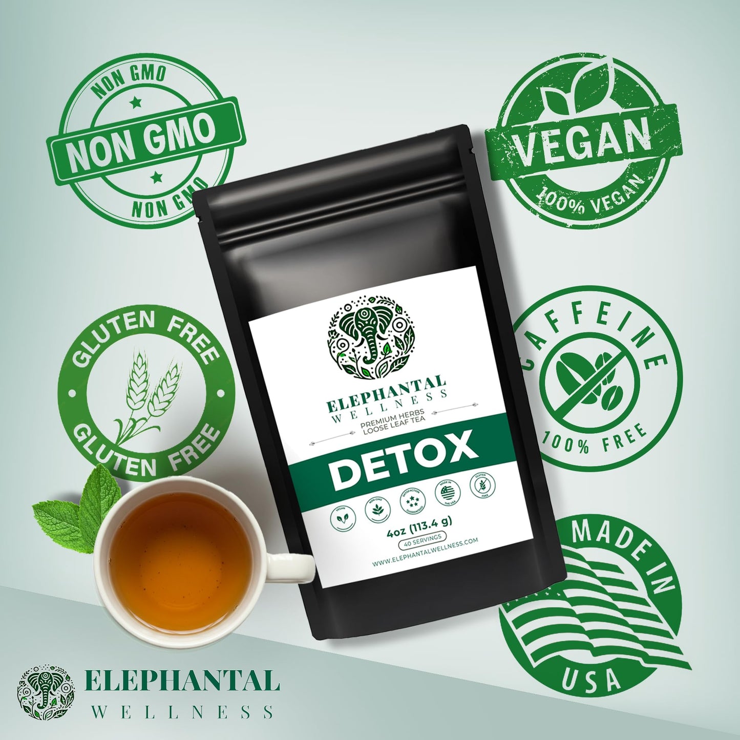 Elephantal Wellness Detox Tea – Loose Leaf Herbal Tea for Liver, Kidney and Blood, Digestion Support with Milk Thistle, Dandelion Root Tea, Ginger, Nettle & Burdock Root - 4oz, 40 Servings