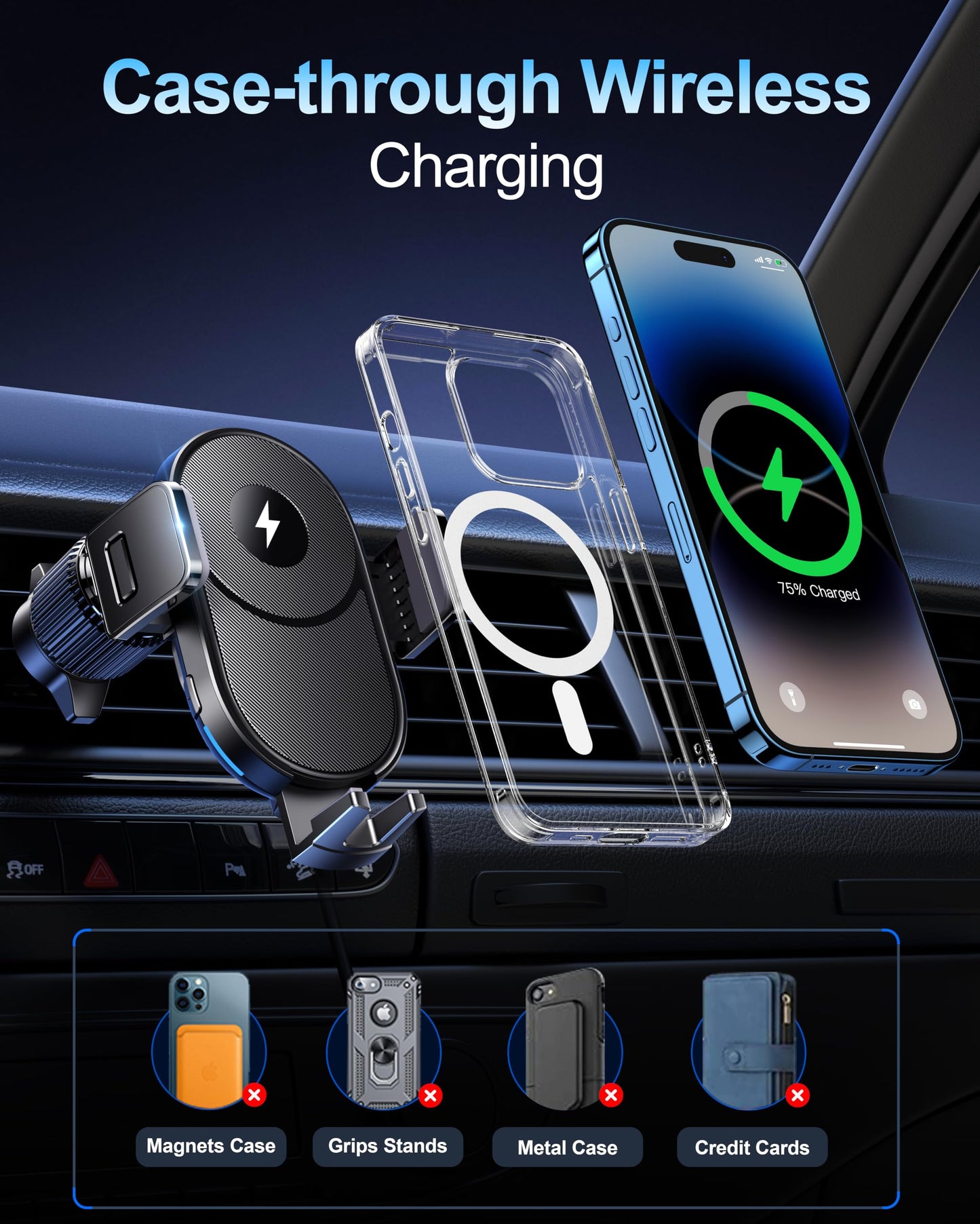 Wireless Car Charger, 15W Fast Charging Auto Clamping Car Phone Holder Wireless Charger Air Vent Car Phone Mount fit for iPhone 15 14 13 12 Mini Pro Max 11 XR XS X, Samsung Galaxy S23 S22 S21+