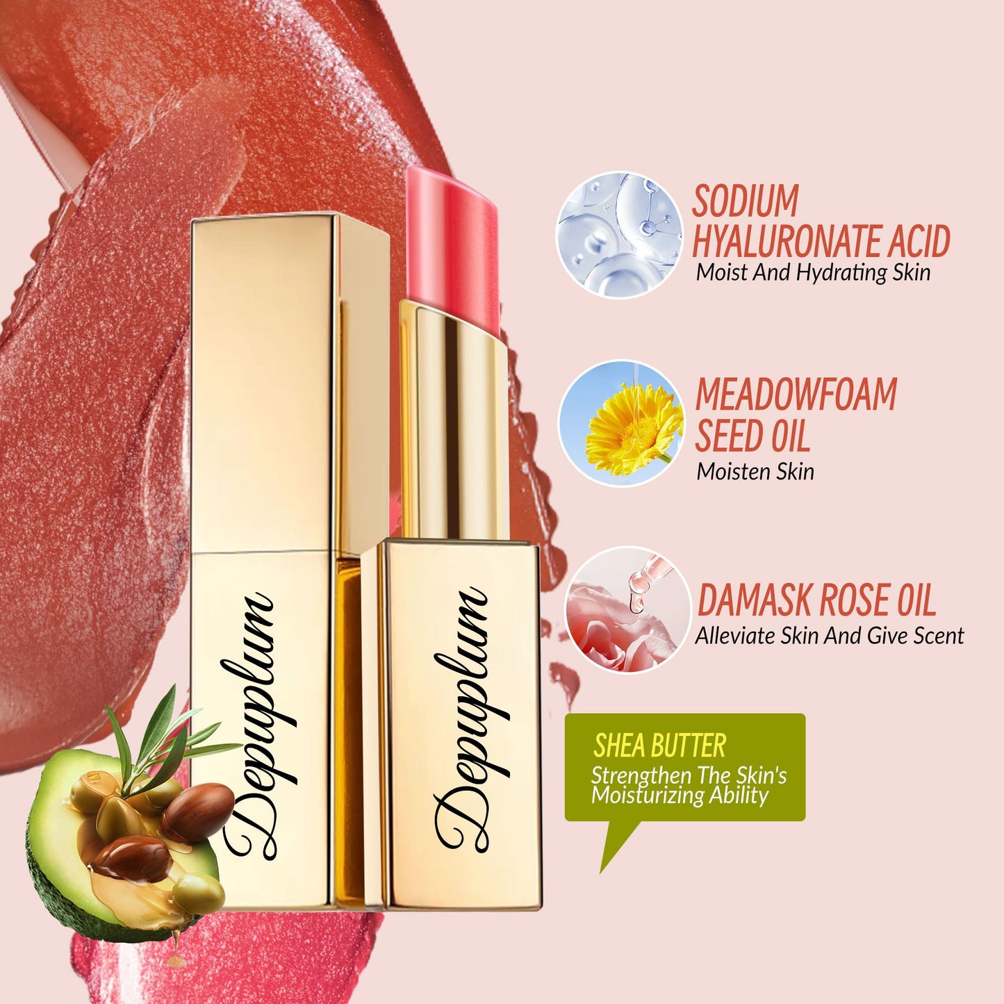 Depuplum Peach Pink Lipstick Moisturizing for Women Shimmer Tinted Lip Balm Hydrating Nourishing Lip Gloss Vegan& Cruelty Free Lip Makeup, ZG107 Candy