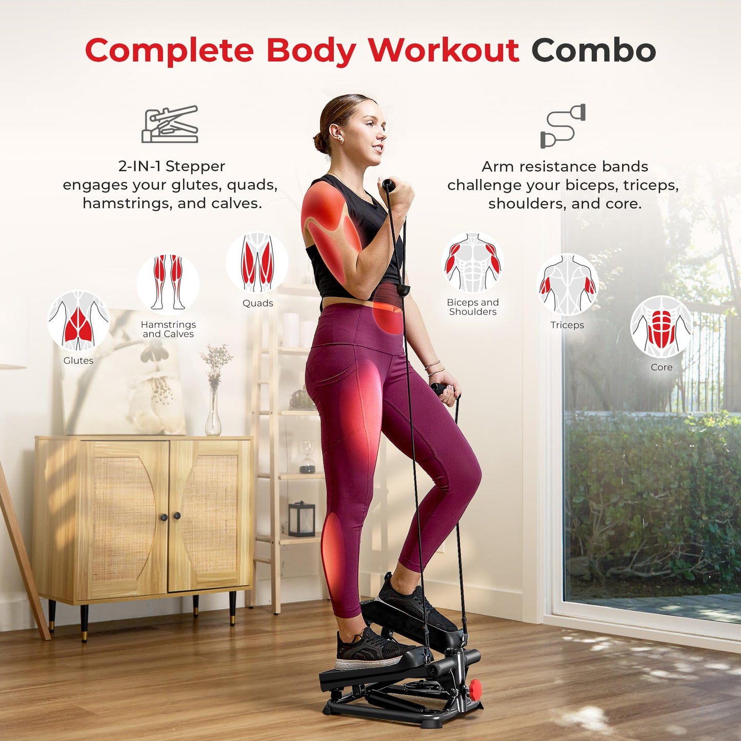 Sunny Health & Fitness Total Body Smart 2-in-1 Stepper Machine, Total Body Workout, Adjustable Hydraulic, LCD Monitor, Resistance Bands, Non-Slip Pedals with Smart SunnyFit App - SF-S0978Smart