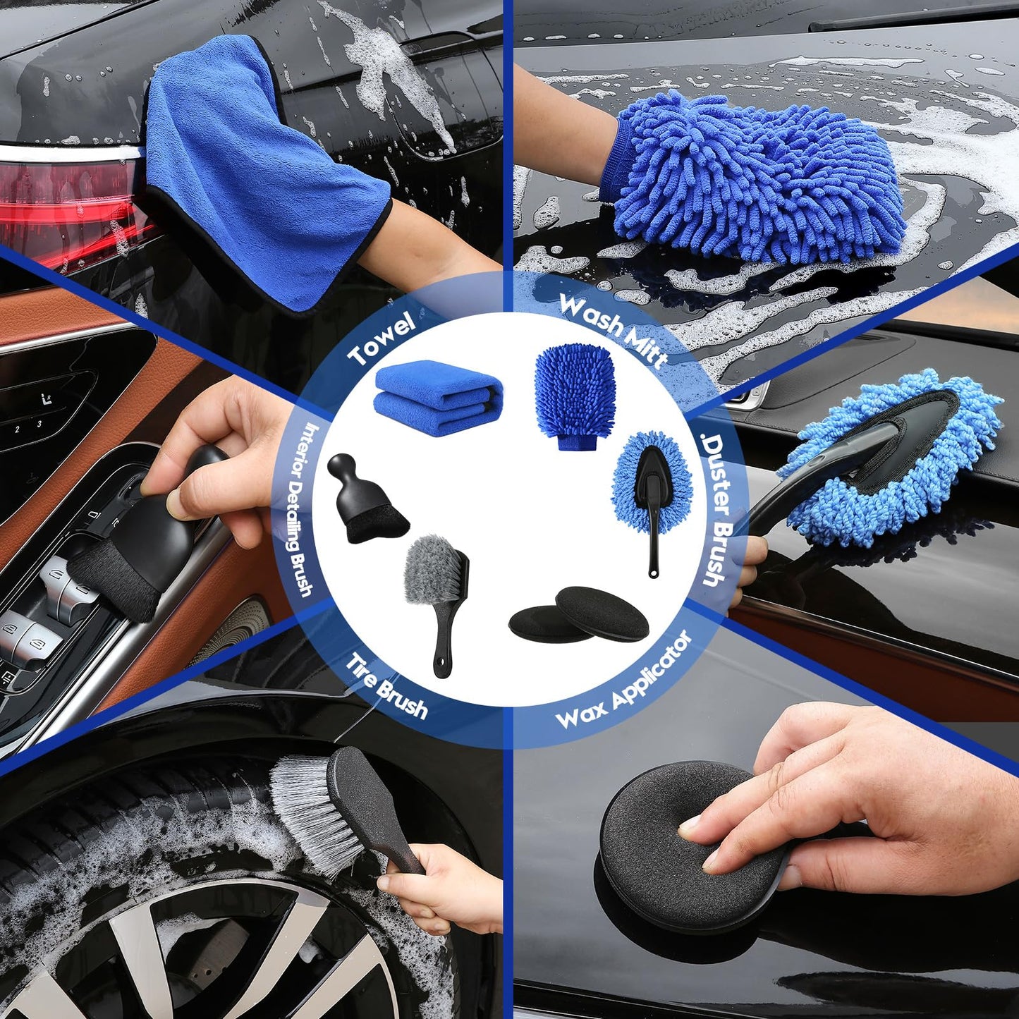 Qydipclin 45Pcs Car Detailing Kit, Car Detailing Brush Set, Car Wash Cleaning Kit, Car Detailing Brushes, Professional Car Care Kit for Interior Exterior Wheels, Blue
