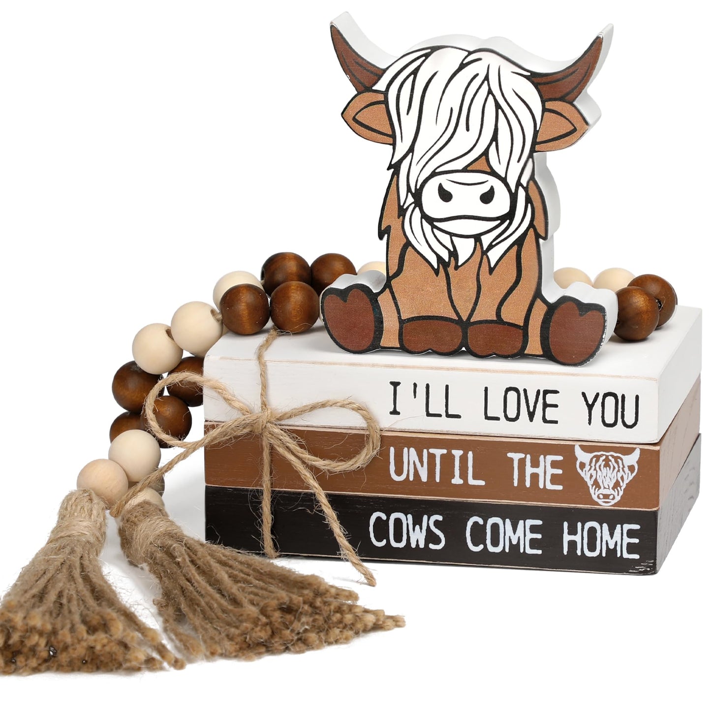 5PCS Highland Cow Decor, Farmhouse Tiered Tray Decor, Wooden Book Stacks Rustic Table Centerpiece for Home Room Mantle Shelf