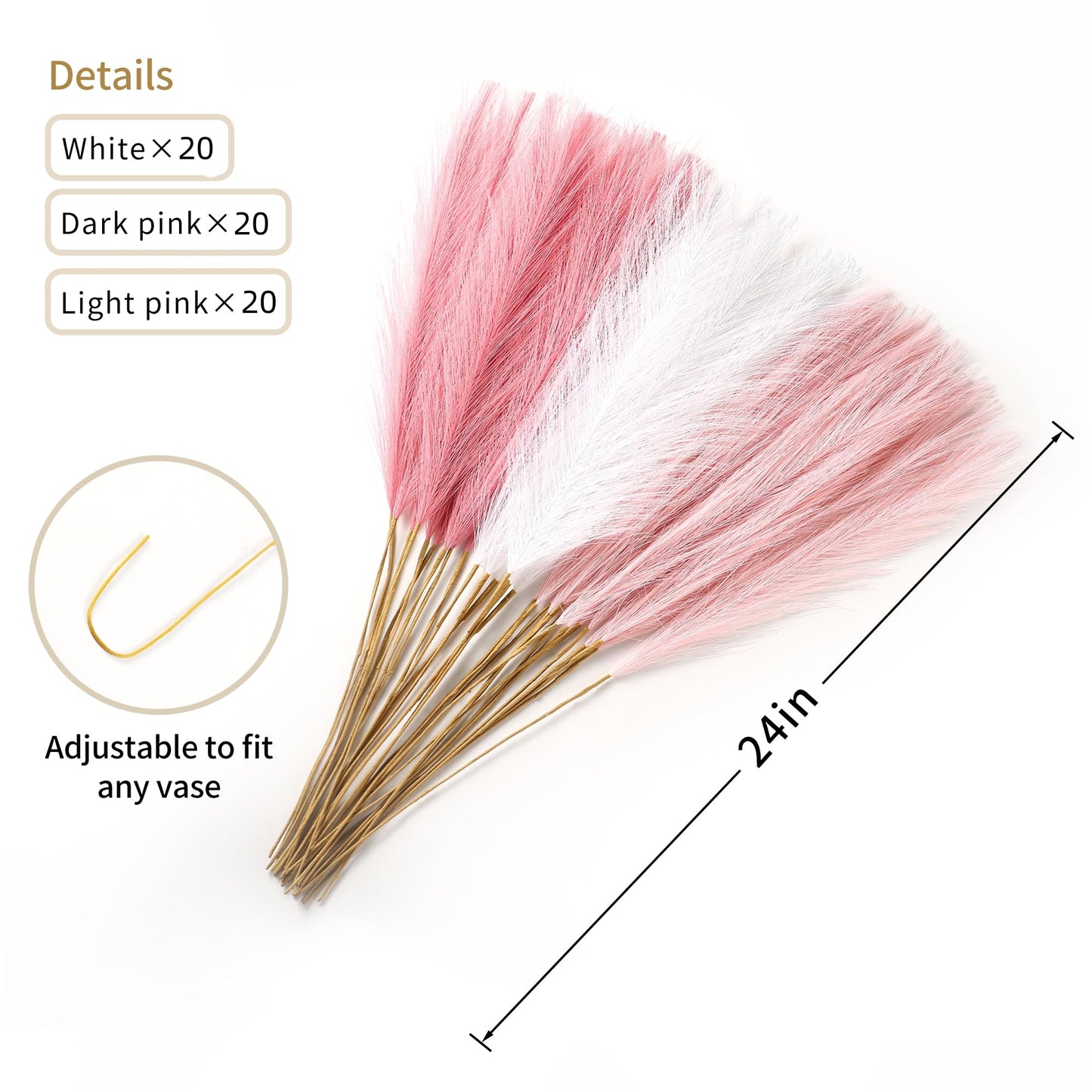 Wertuirk 60pcs Faux Pampas Grass - 24 Inch Pink Pampas Grass Home Decor, Artificial Colored Pompas Grass for Room Decor, Wedding Centerpieces and Baby Shower Decorations (Blush & White & Pink)