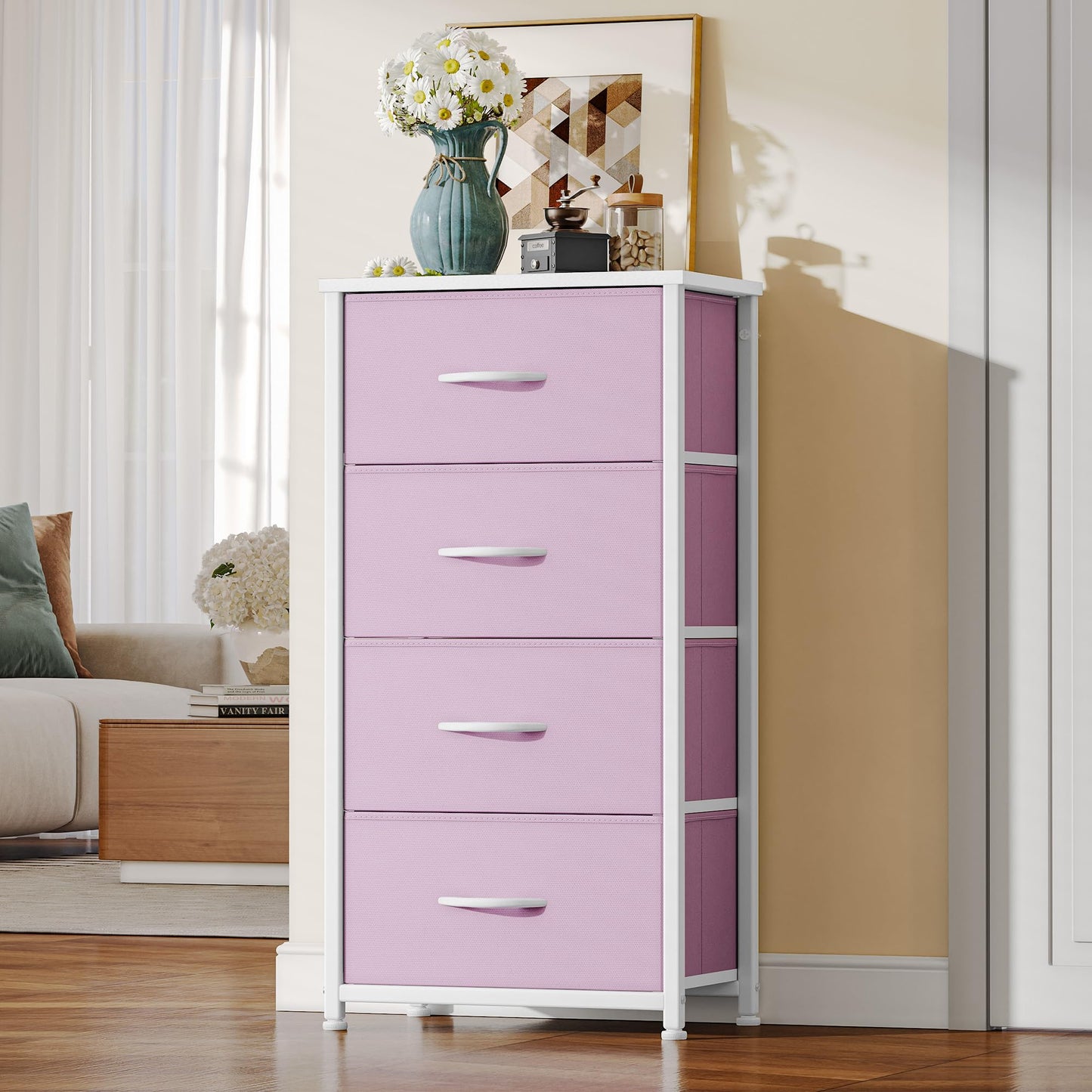 DWVO Storage Drawer with 4 Drawers - Fabric Dressers for Kids, Dresser for Bedroom, Living Room, Closets - Sturdy Steel Frame, Wooden Top & Easy Pull Fabric Bins